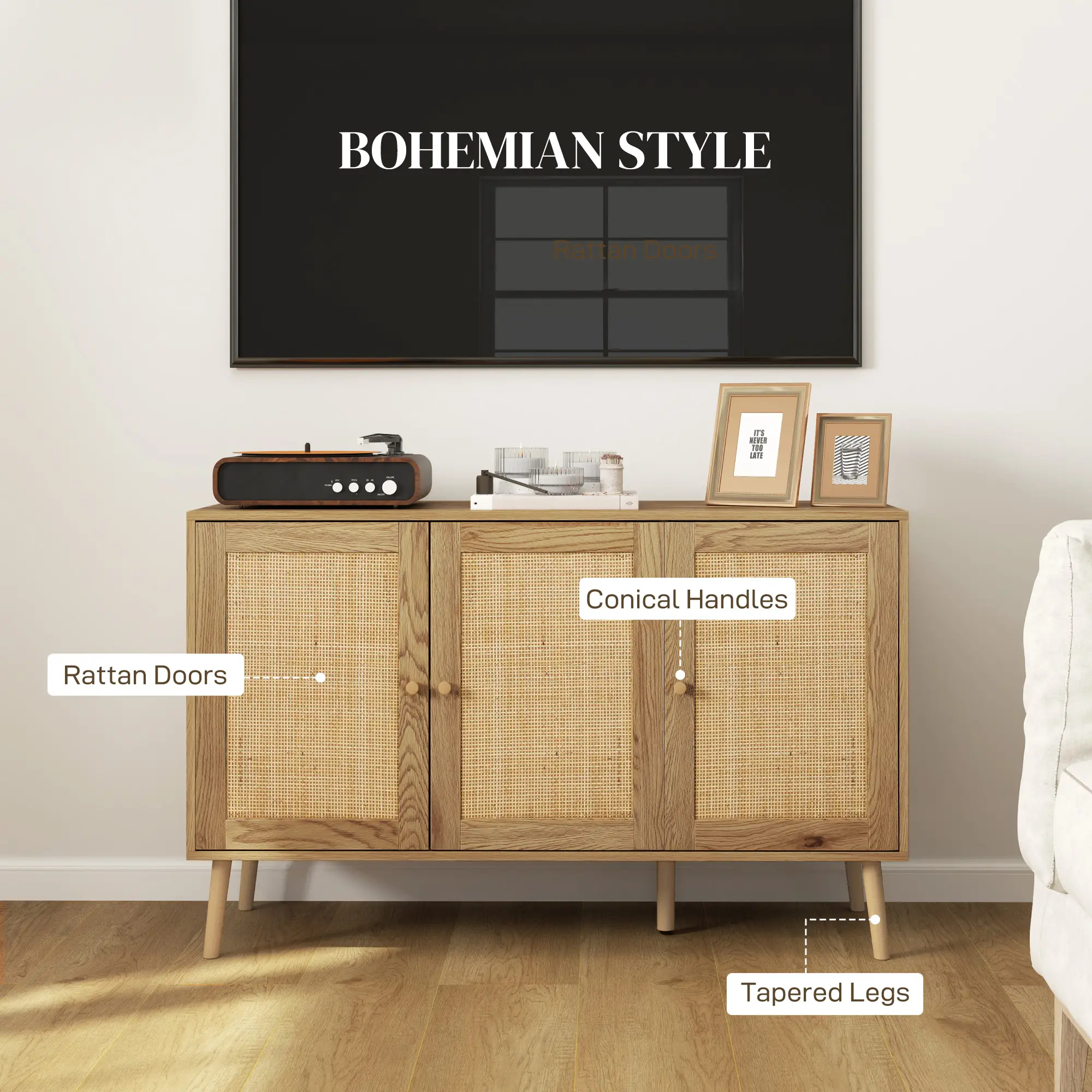 Bohemian Sideboard, Rattan Doors, Adjustable Shelf, Natural Wood - Image 5