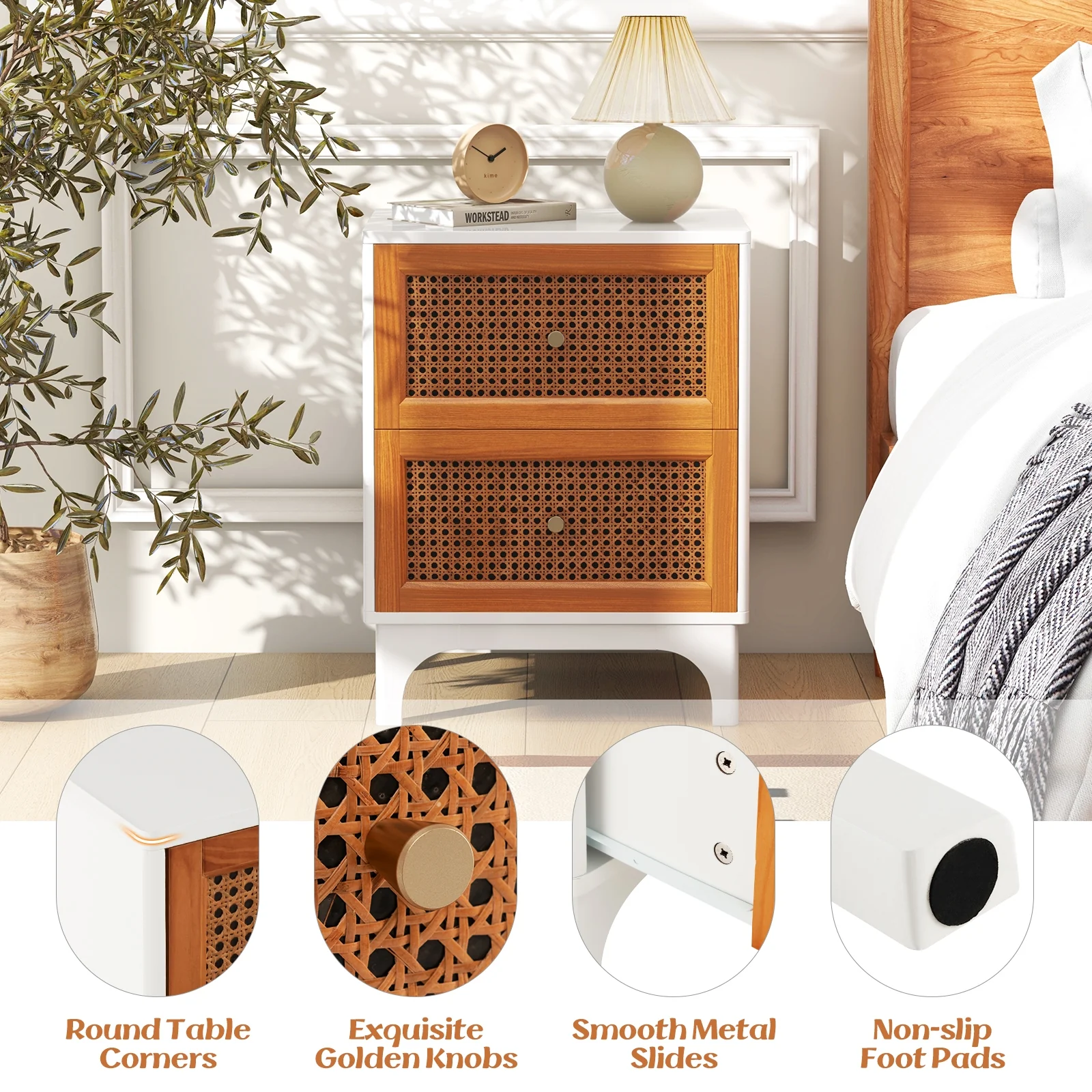 Boho Accent Table Nightstand, 2 Rattan Drawers, White - Image 10