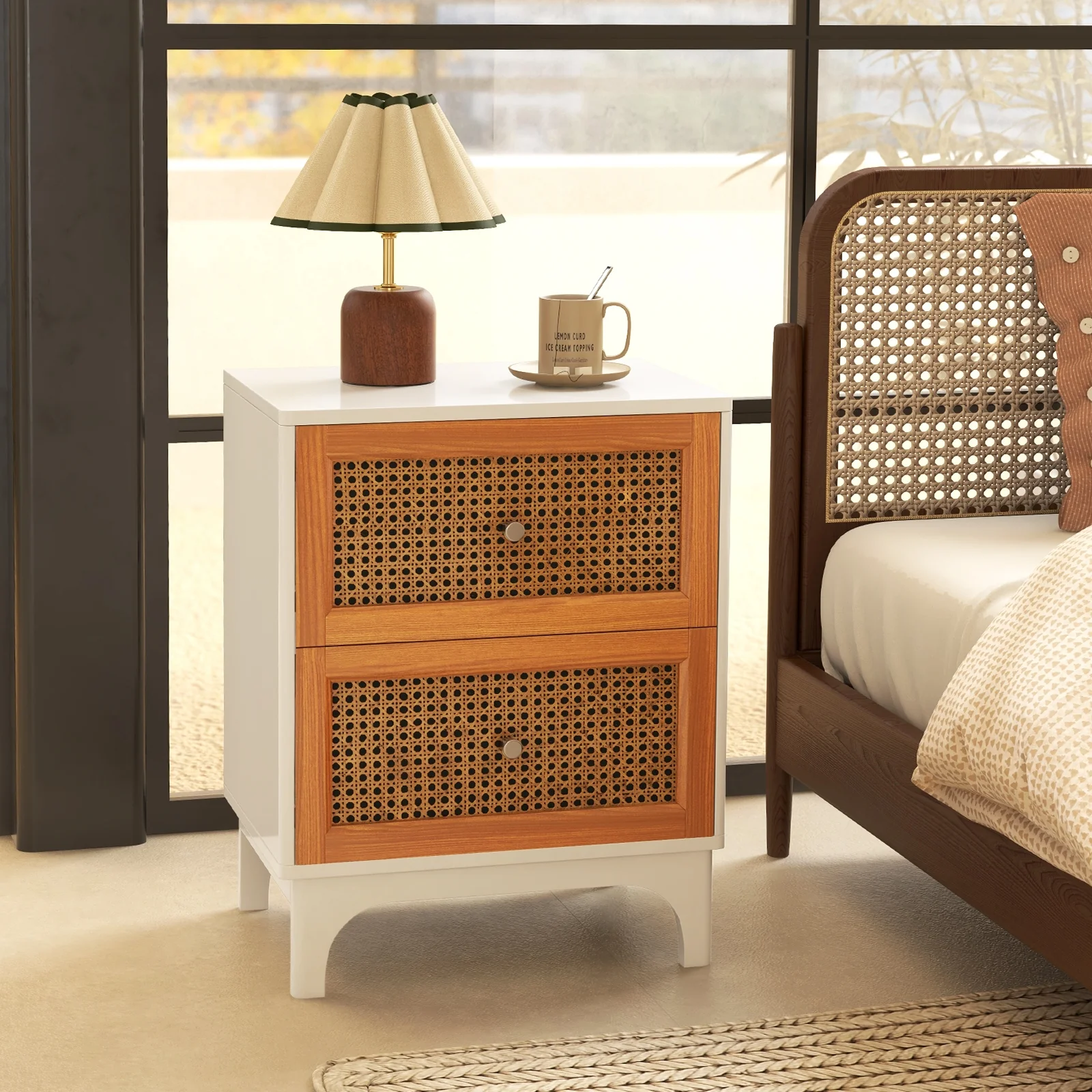 Boho Accent Table Nightstand, 2 Rattan Drawers, White - Image 2