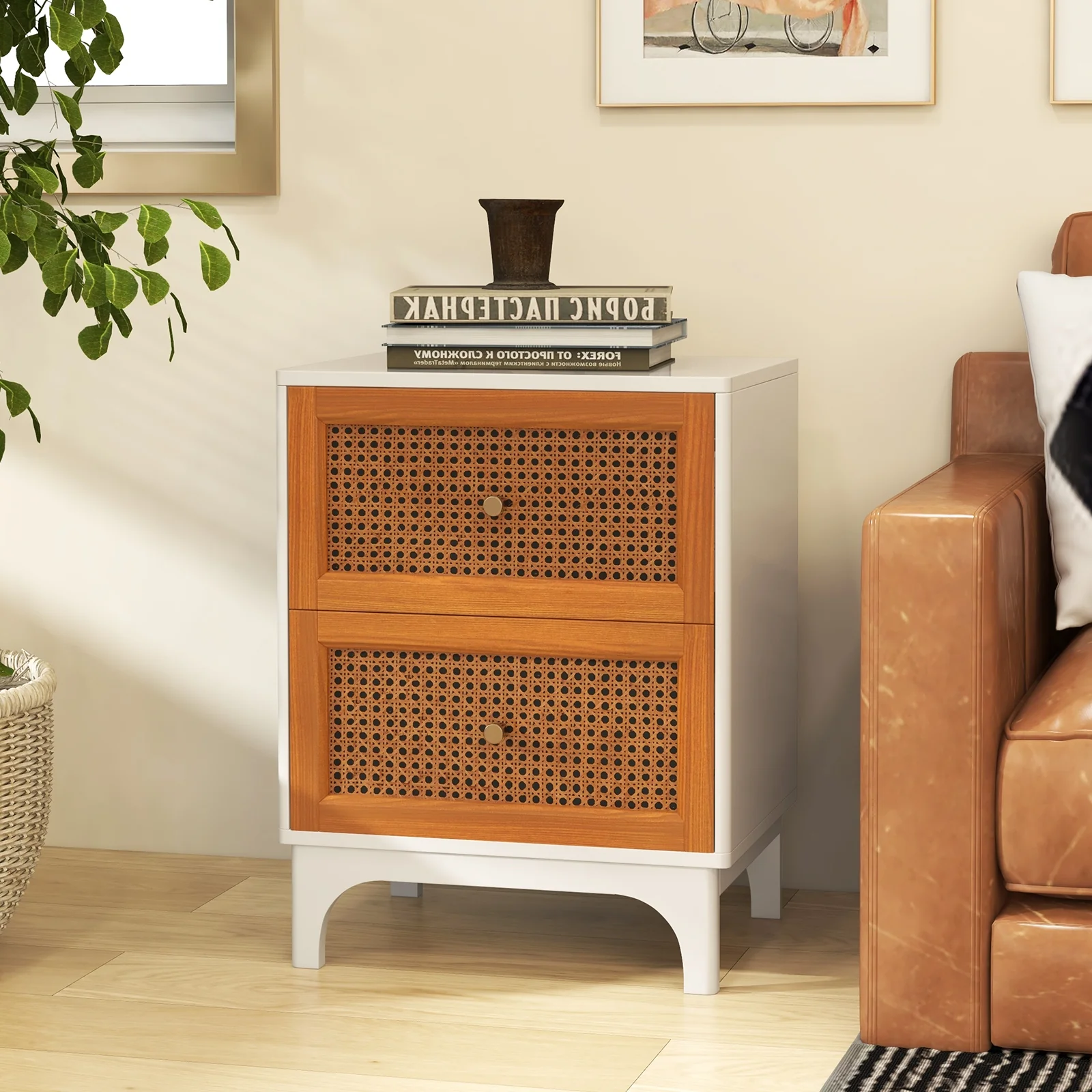 Boho Accent Table Nightstand, 2 Rattan Drawers, White - Image 3