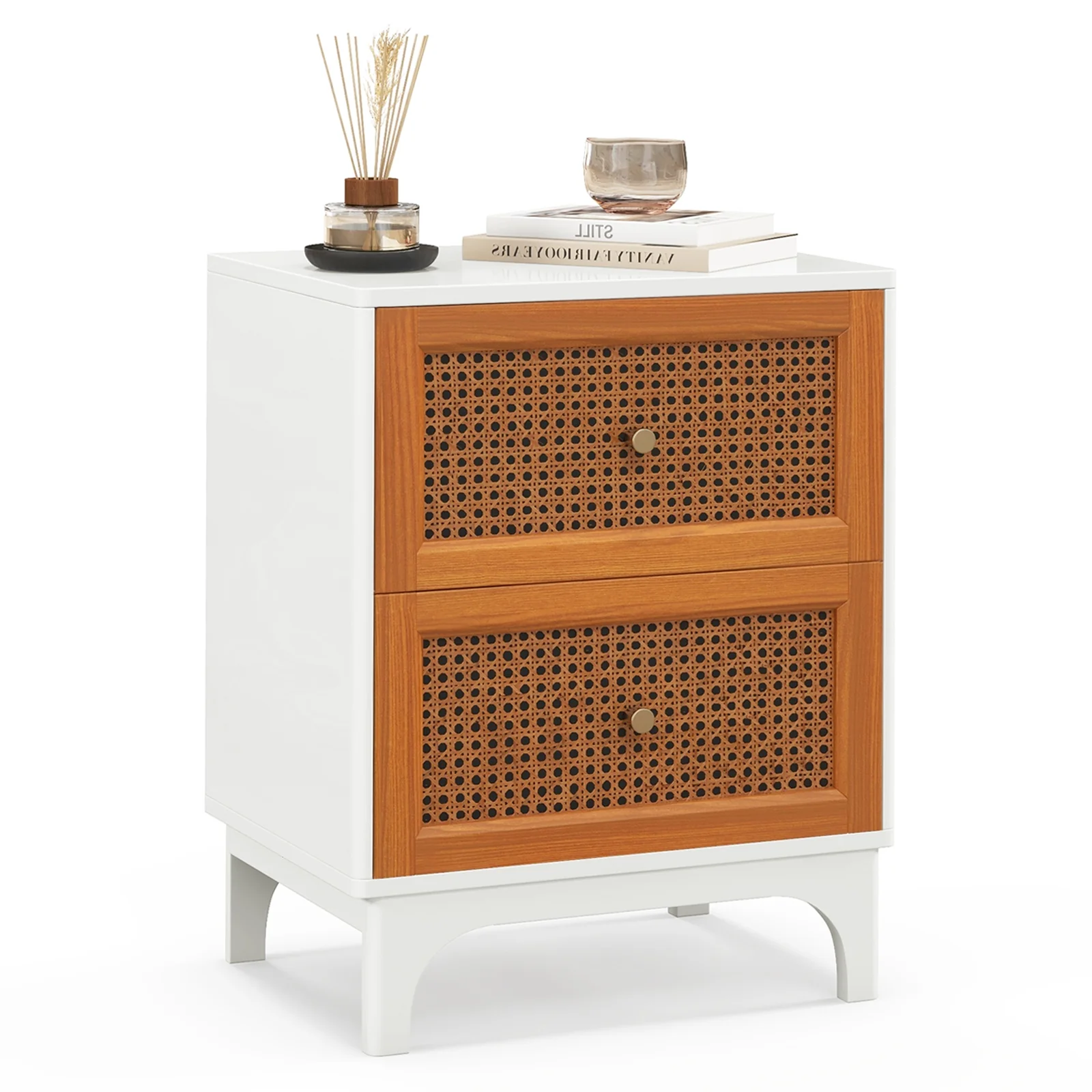 Boho Accent Table Nightstand, 2 Rattan Drawers, White - Image 4
