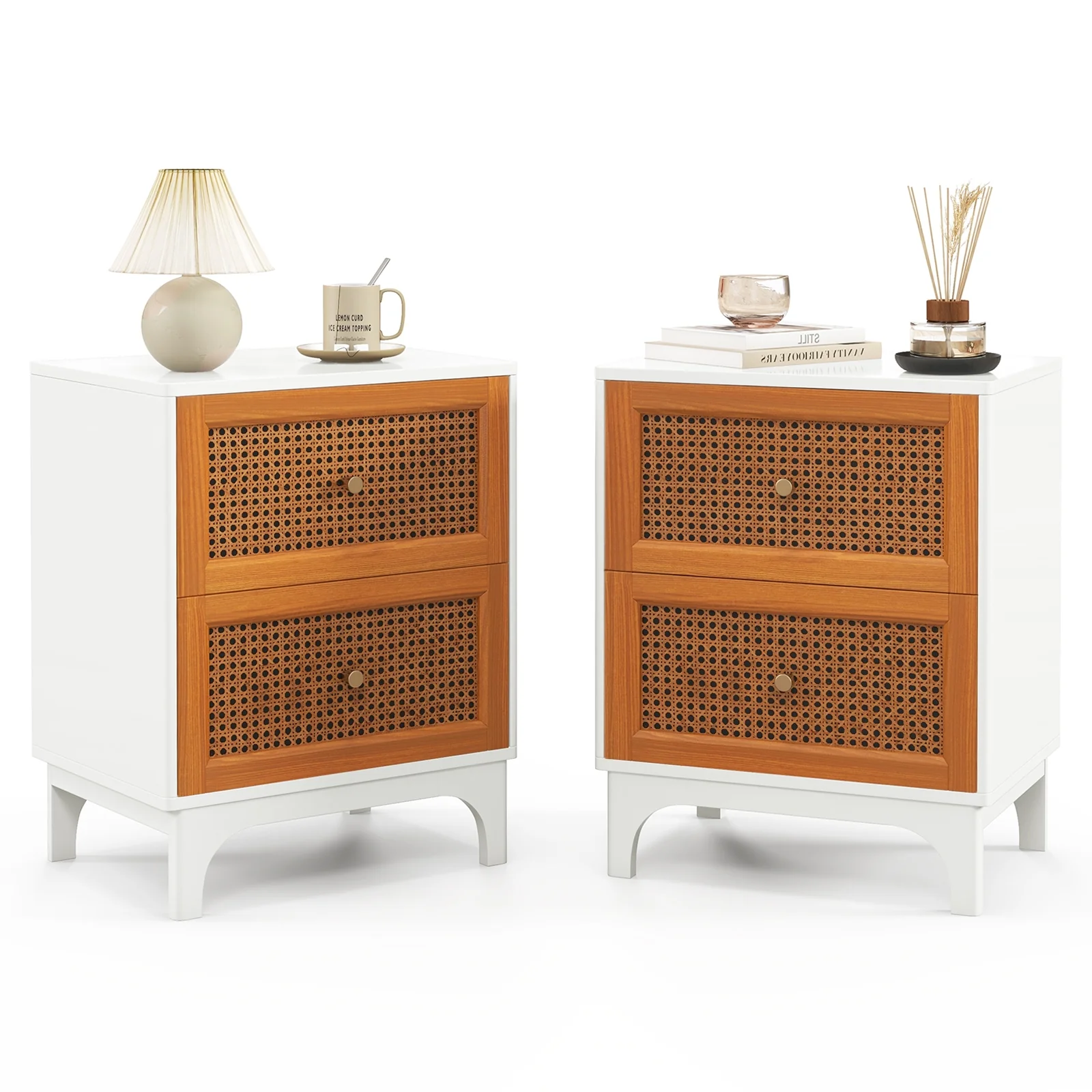 Boho Accent Table Nightstand, 2 Rattan Drawers, White - Image 5