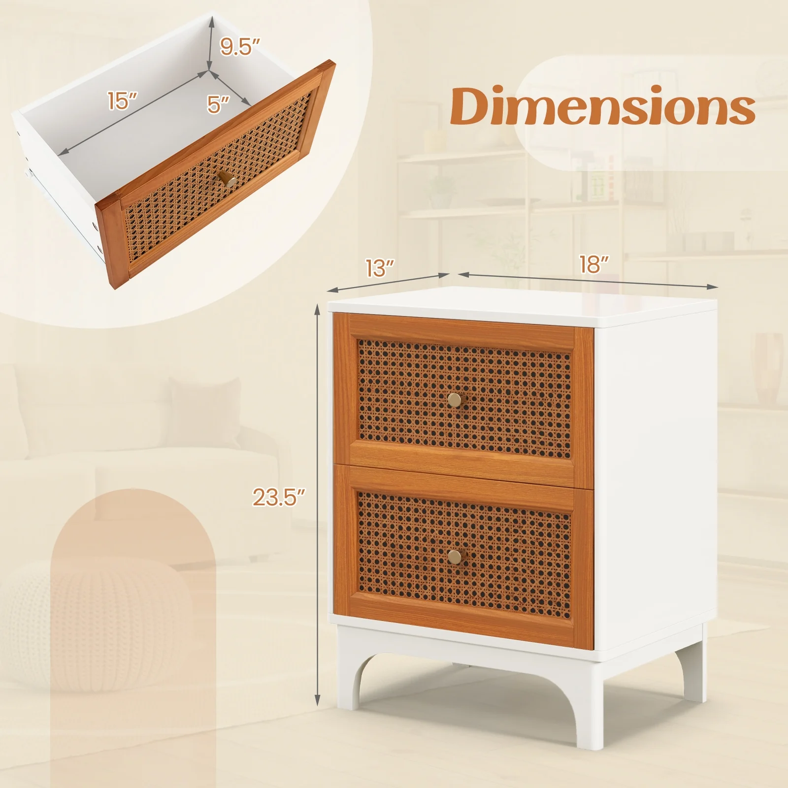 Boho Accent Table Nightstand, 2 Rattan Drawers, White - Image 6