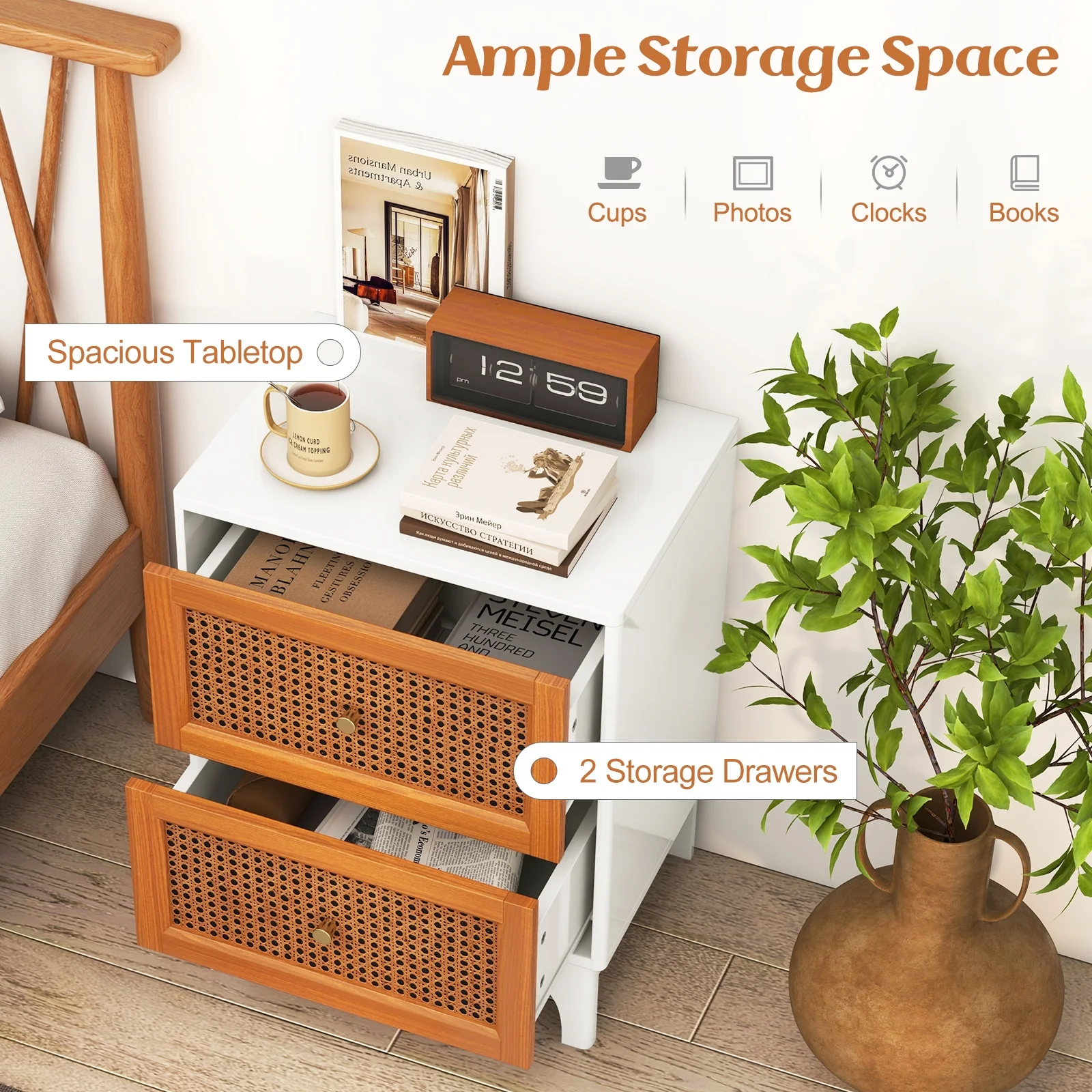 Boho Accent Table Nightstand, 2 Rattan Drawers, White - Image 7