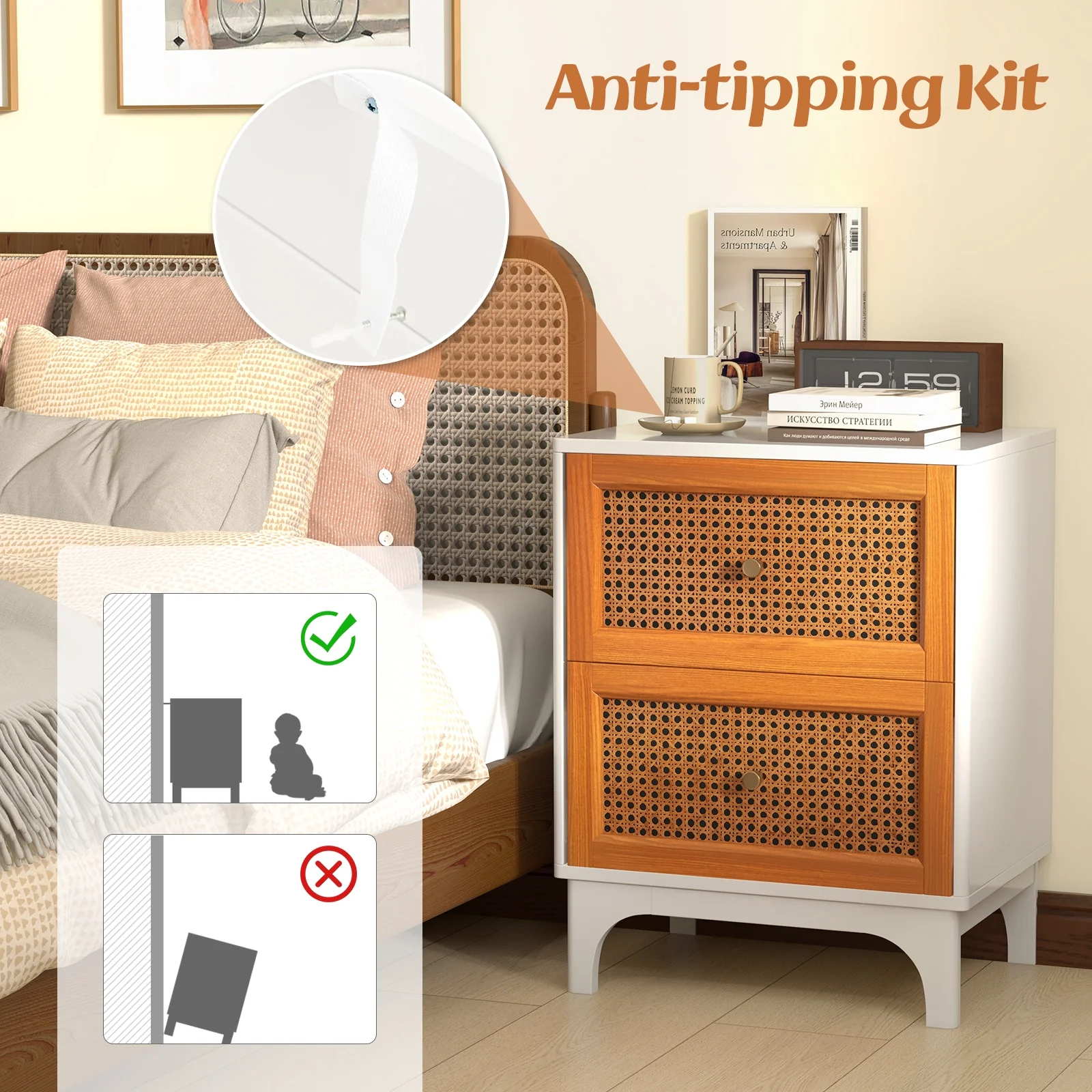 Boho Accent Table Nightstand, 2 Rattan Drawers, White - Image 8