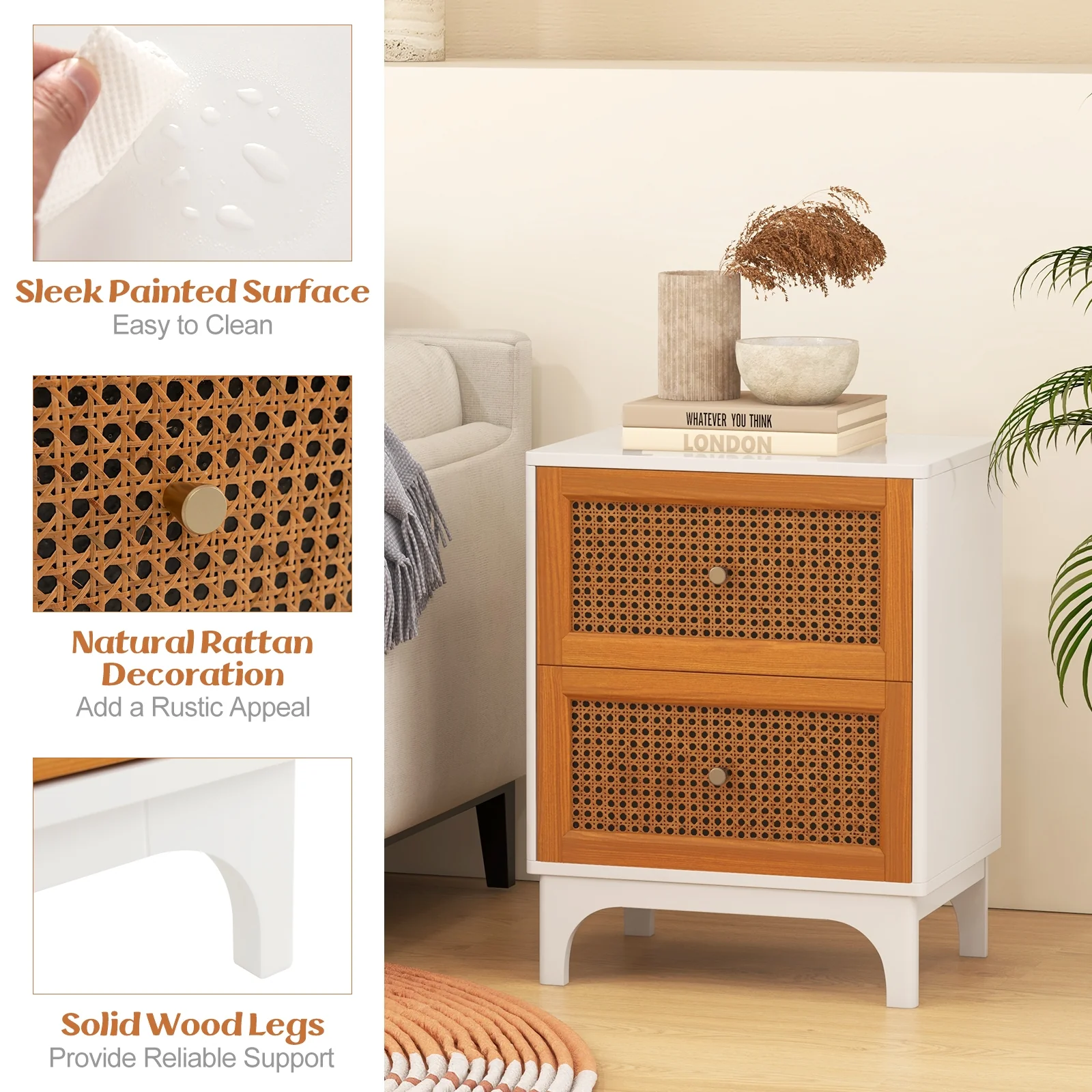 Boho Accent Table Nightstand, 2 Rattan Drawers, White - Image 9