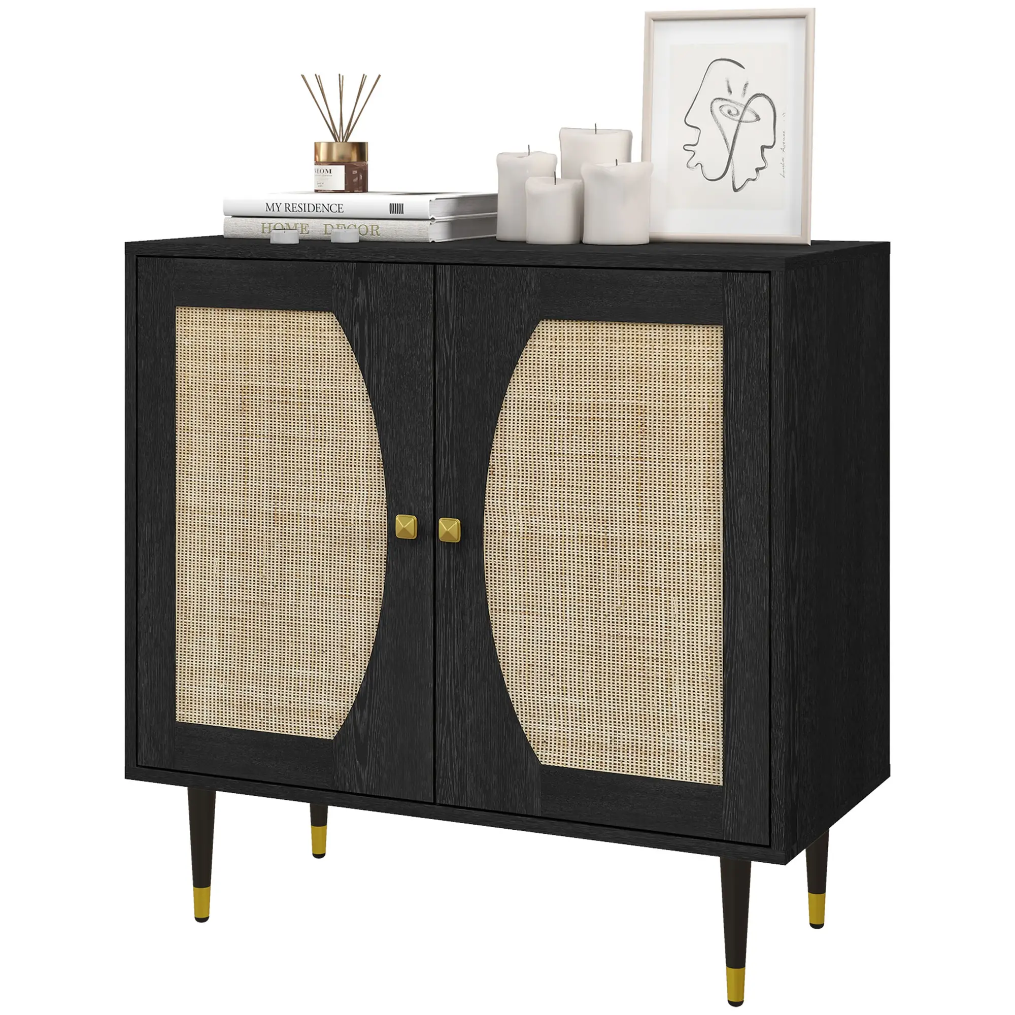 Boho Buffet Cabinet, Adjustable Shelf, Rattan Doors, 42 Inches, Black