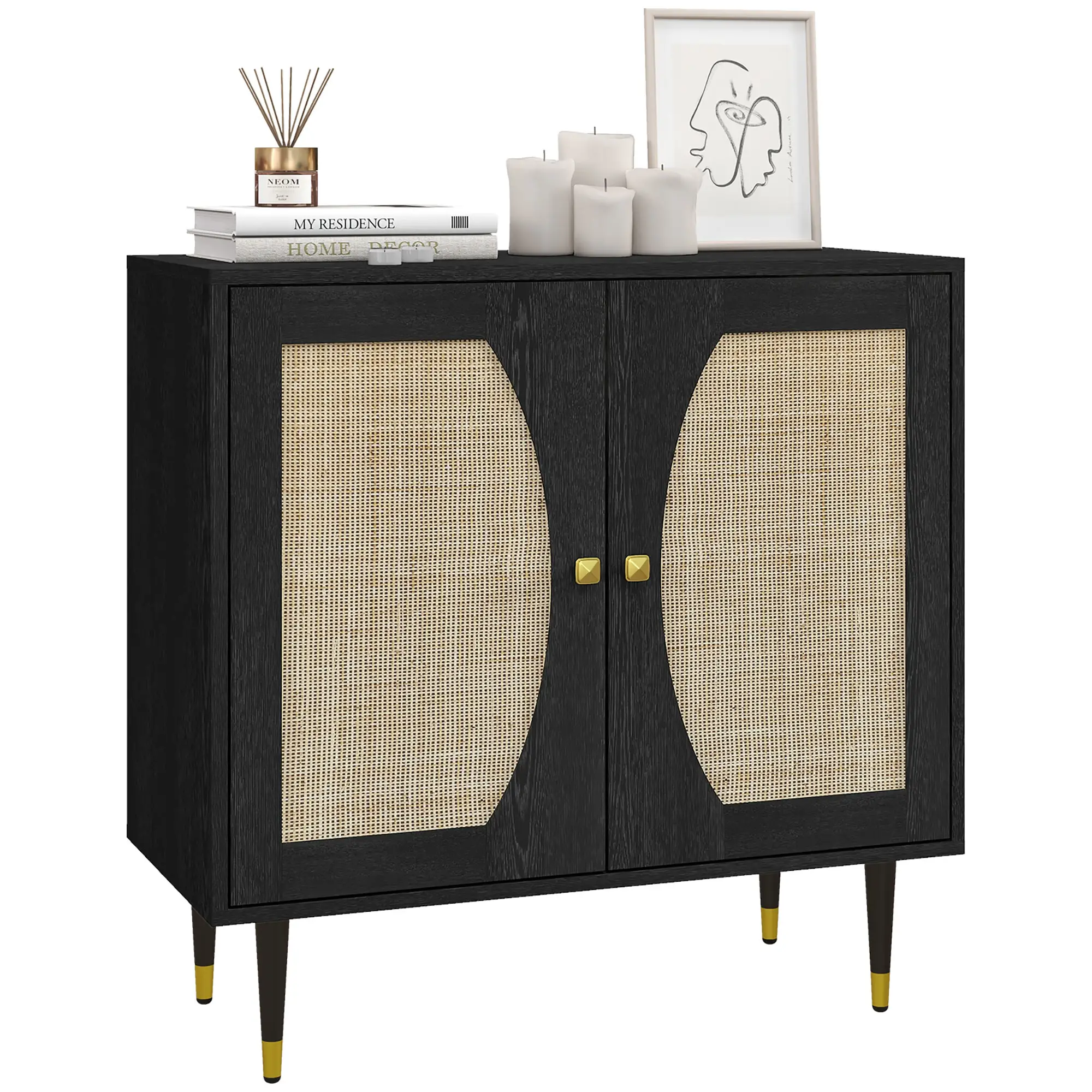 Boho Buffet Cabinet, Adjustable Shelf, Rattan Doors, 42 Inches, Black - Image 11