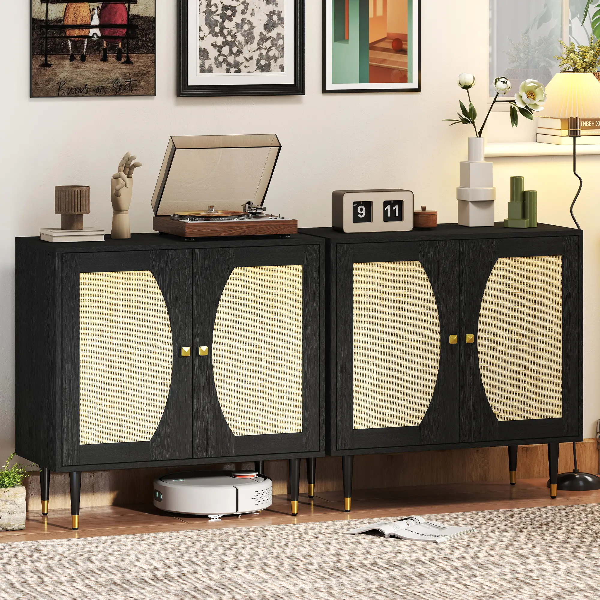 Boho Buffet Cabinet, Adjustable Shelf, Rattan Doors, 42 Inches, Black - Image 2