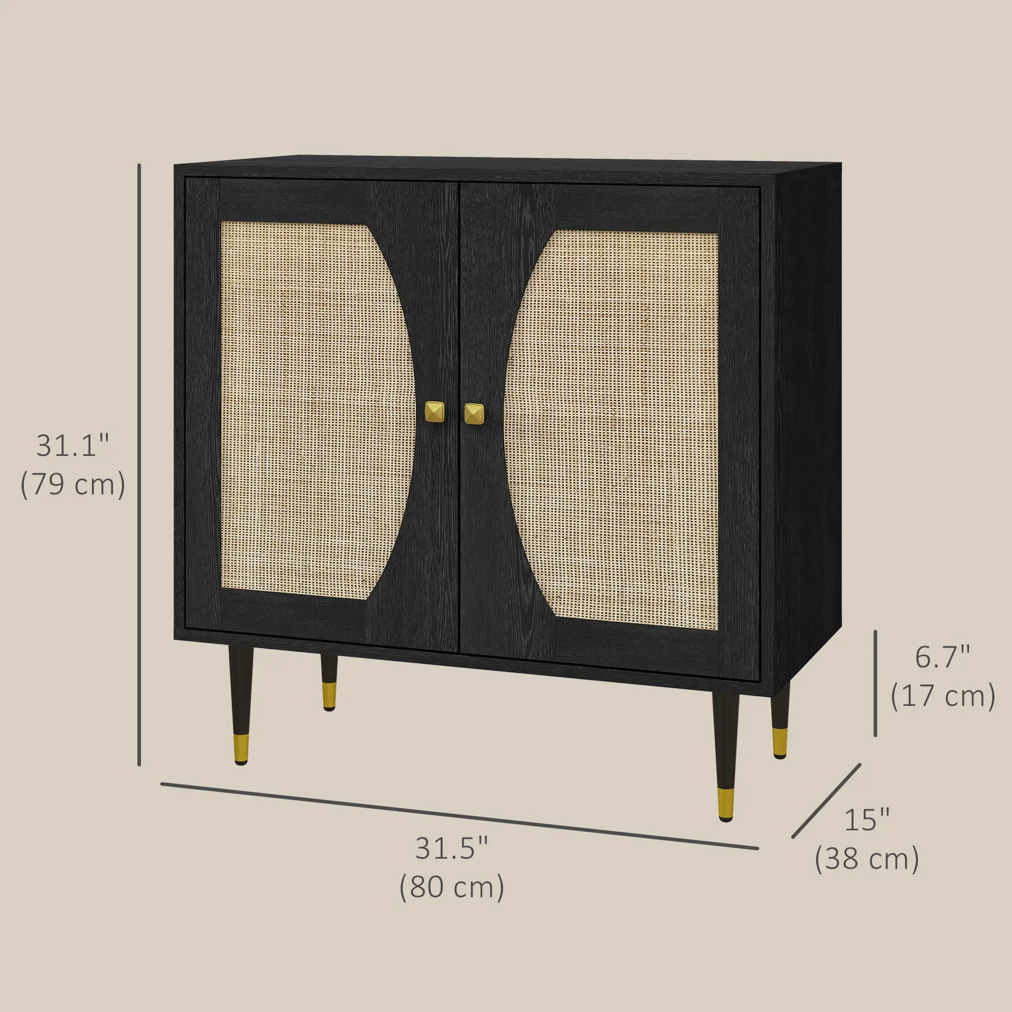 Boho Buffet Cabinet, Adjustable Shelf, Rattan Doors, 42 Inches, Black - Image 3