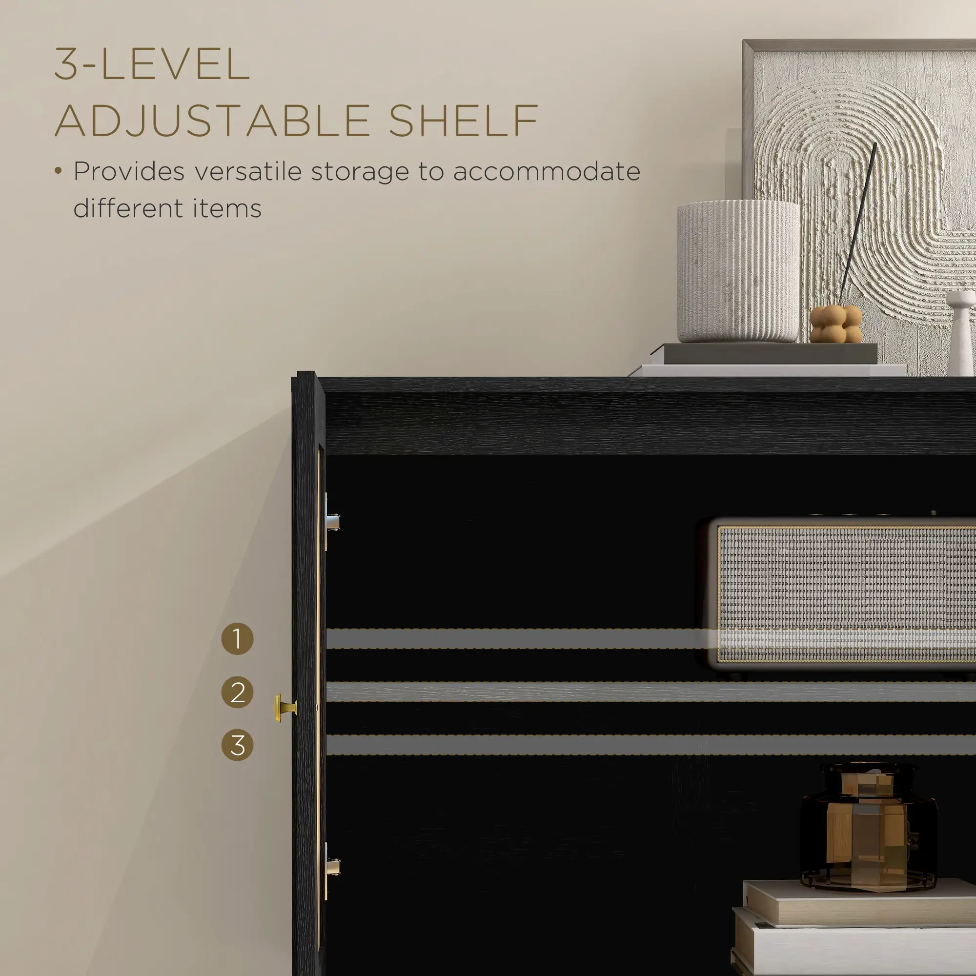 Boho Buffet Cabinet, Adjustable Shelf, Rattan Doors, 42 Inches, Black - Image 6