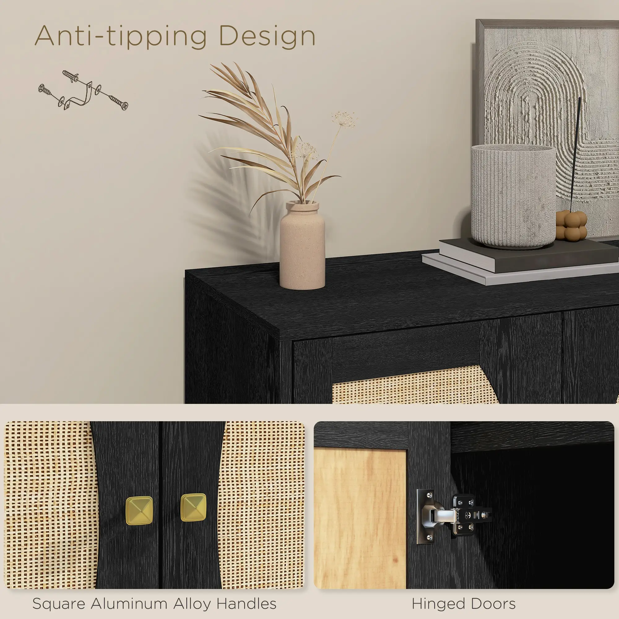 Boho Buffet Cabinet, Adjustable Shelf, Rattan Doors, 42 Inches, Black - Image 7