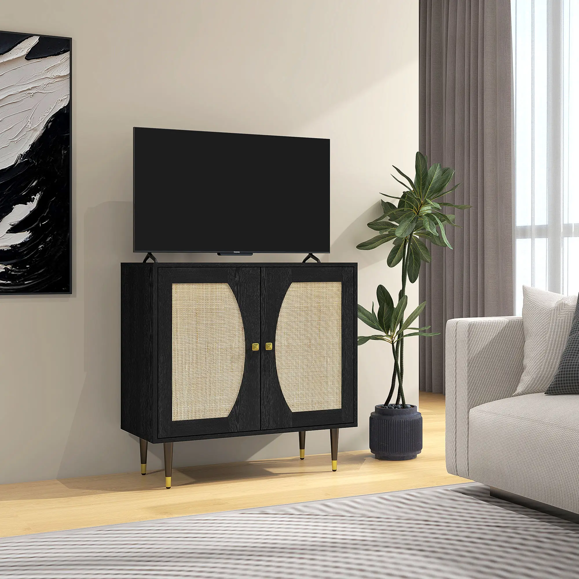 Boho Buffet Cabinet, Adjustable Shelf, Rattan Doors, 42 Inches, Black - Image 8