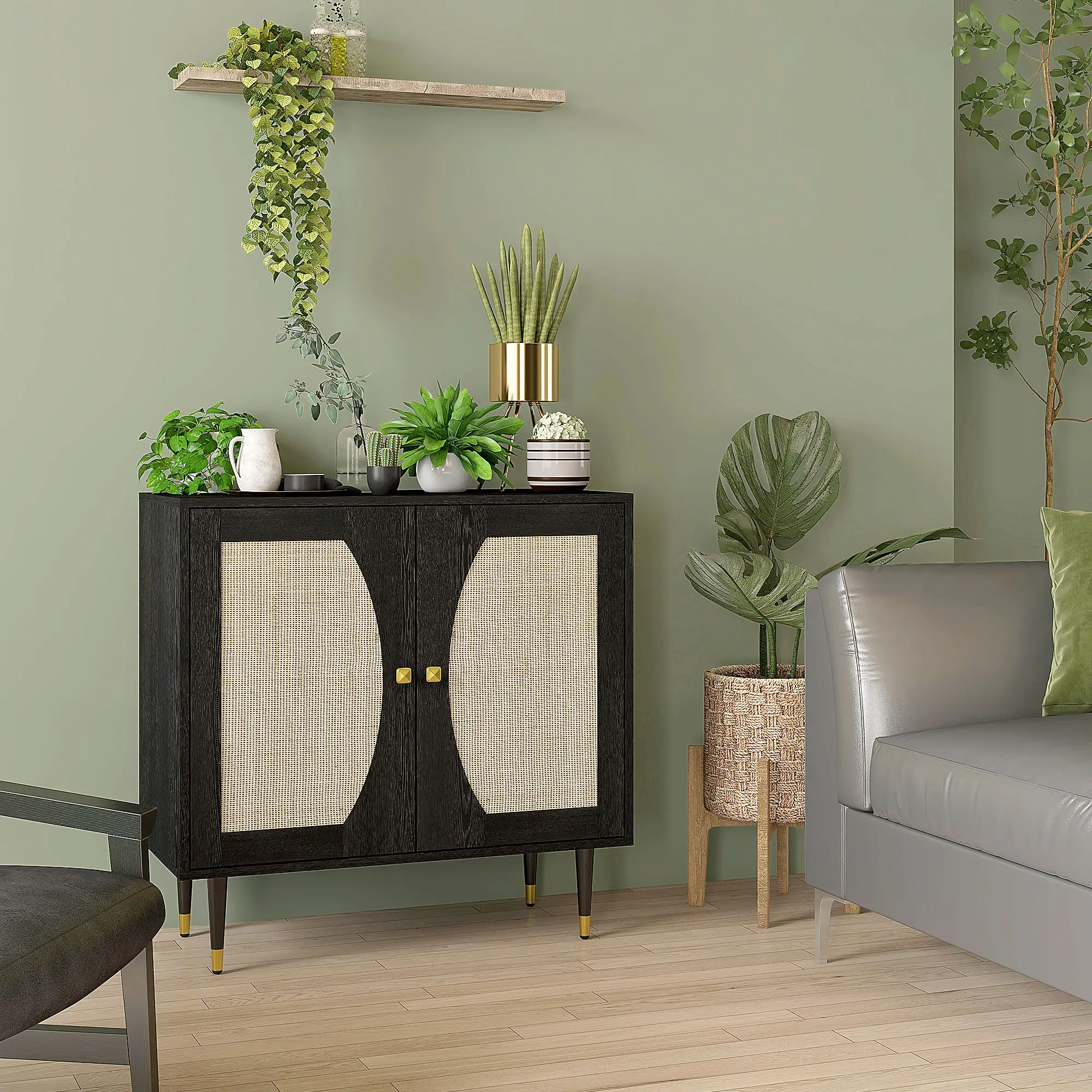 Boho Buffet Cabinet, Adjustable Shelf, Rattan Doors, 42 Inches, Black - Image 9