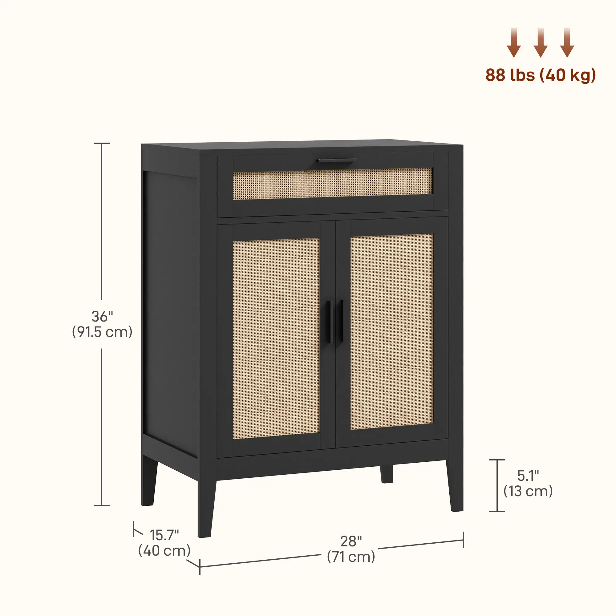 Boho Kitchen Sideboard, 2 Rattan Doors, Drawer, Black - Image 3