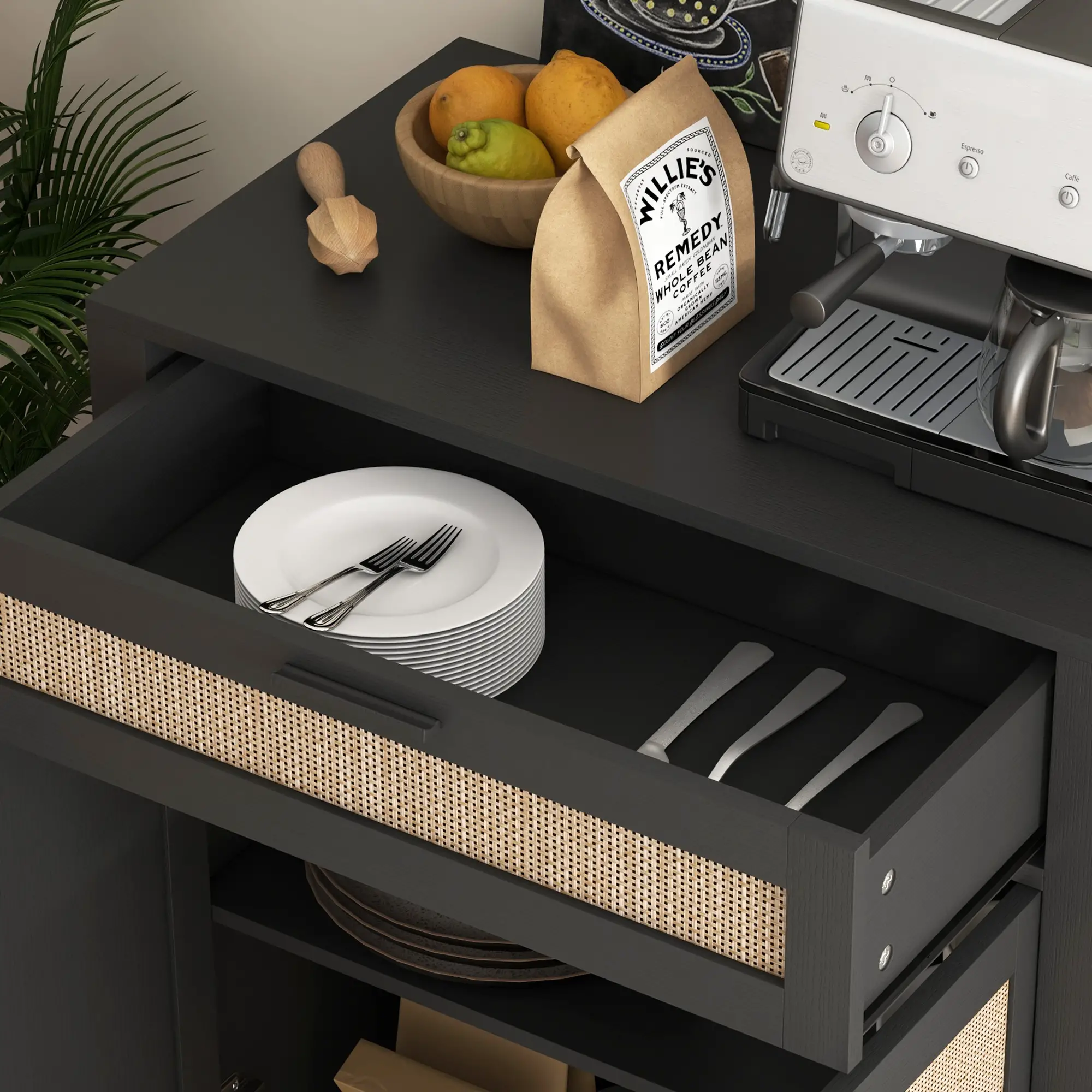 Boho Kitchen Sideboard, 2 Rattan Doors, Drawer, Black - Image 9