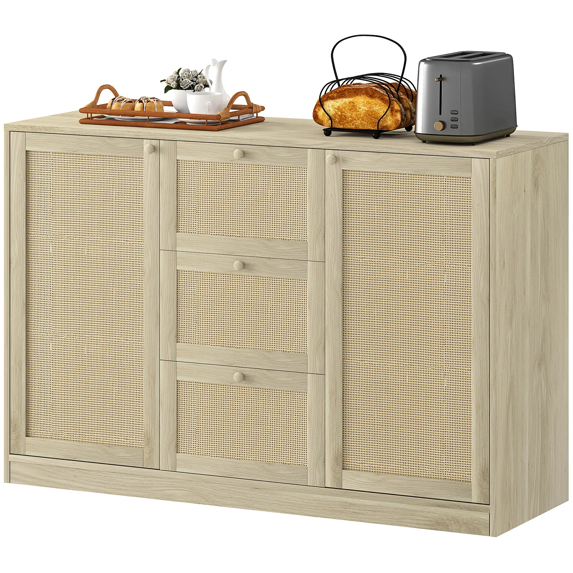 Boho Sideboard Buffet Cabinet, Kitchen Coffee Bar, 3 Drawers, 2 Shelves, 4 Racks, Natural