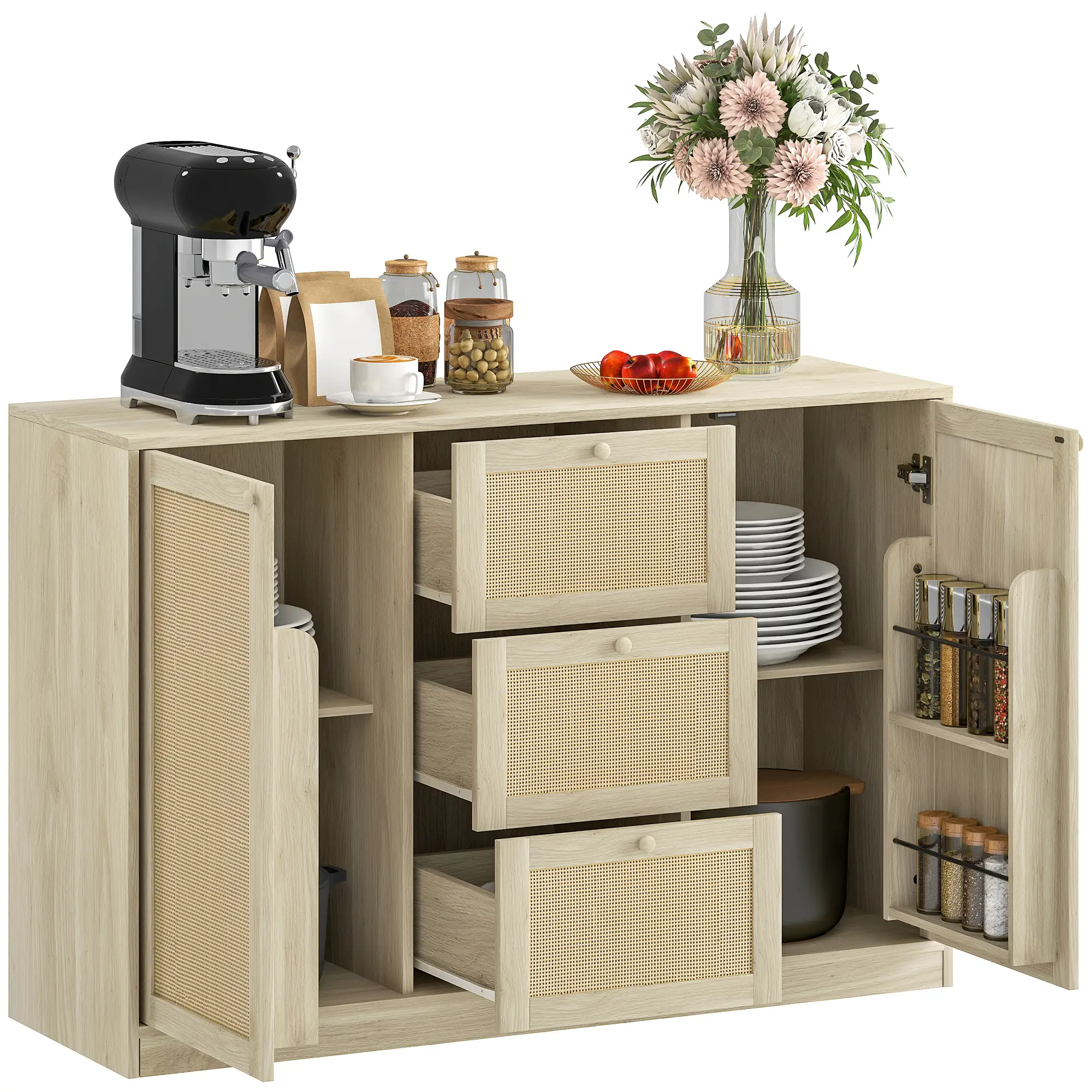 Boho Sideboard Buffet Cabinet, Kitchen Coffee Bar, 3 Drawers, 2 Shelves, 4 Racks, Natural - Image 11