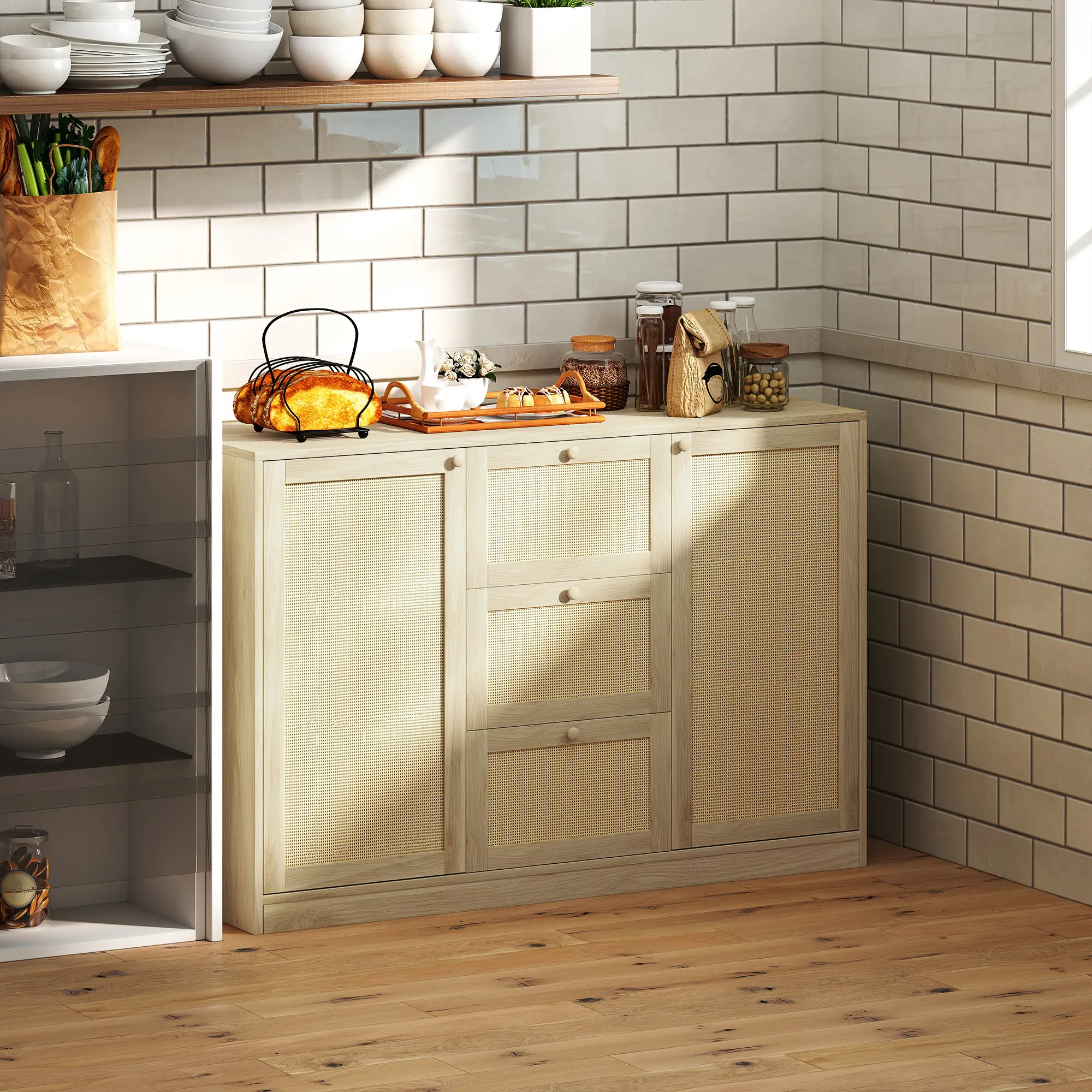 Boho Sideboard Buffet Cabinet, Kitchen Coffee Bar, 3 Drawers, 2 Shelves, 4 Racks, Natural - Image 2