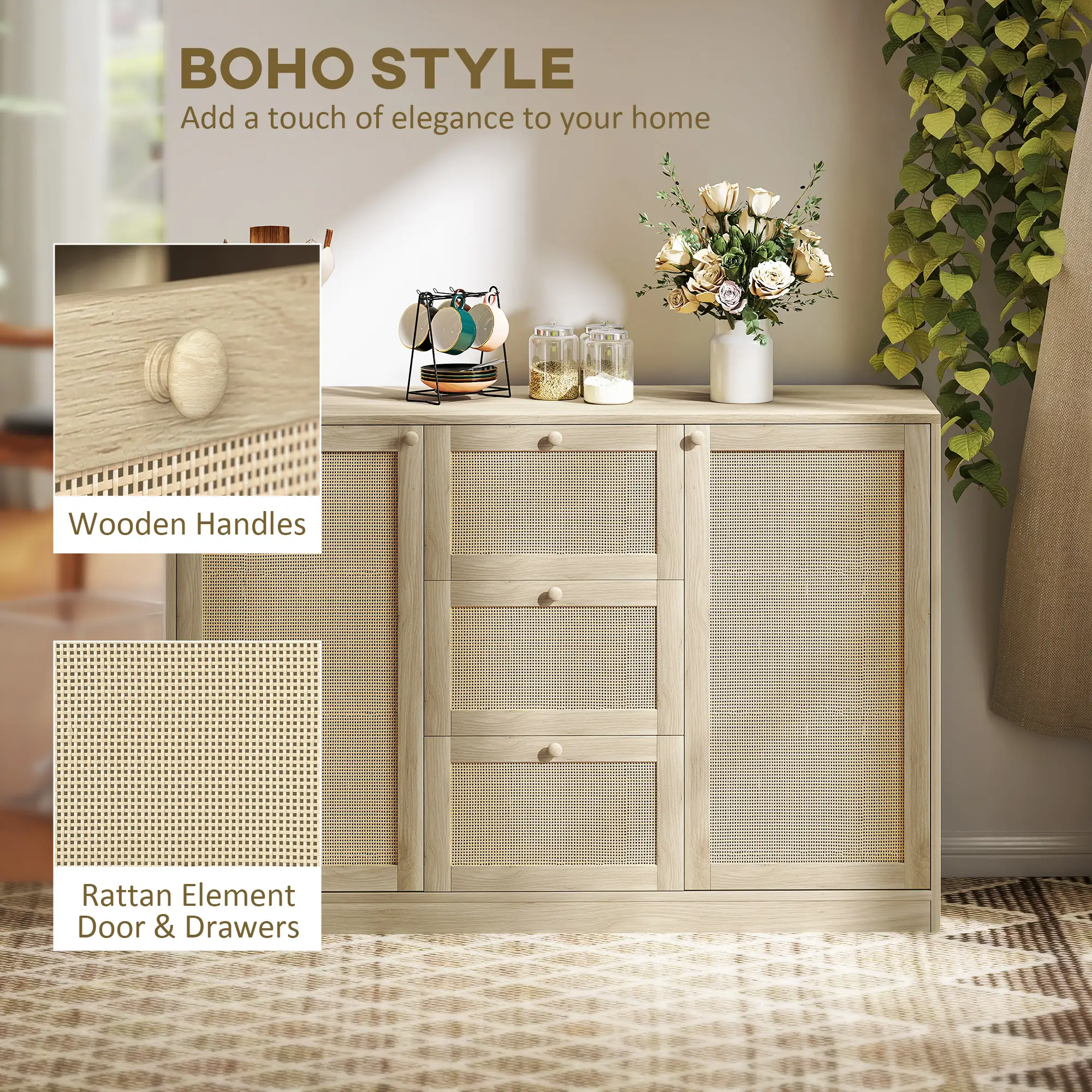 Boho Sideboard Buffet Cabinet, Kitchen Coffee Bar, 3 Drawers, 2 Shelves, 4 Racks, Natural - Image 4