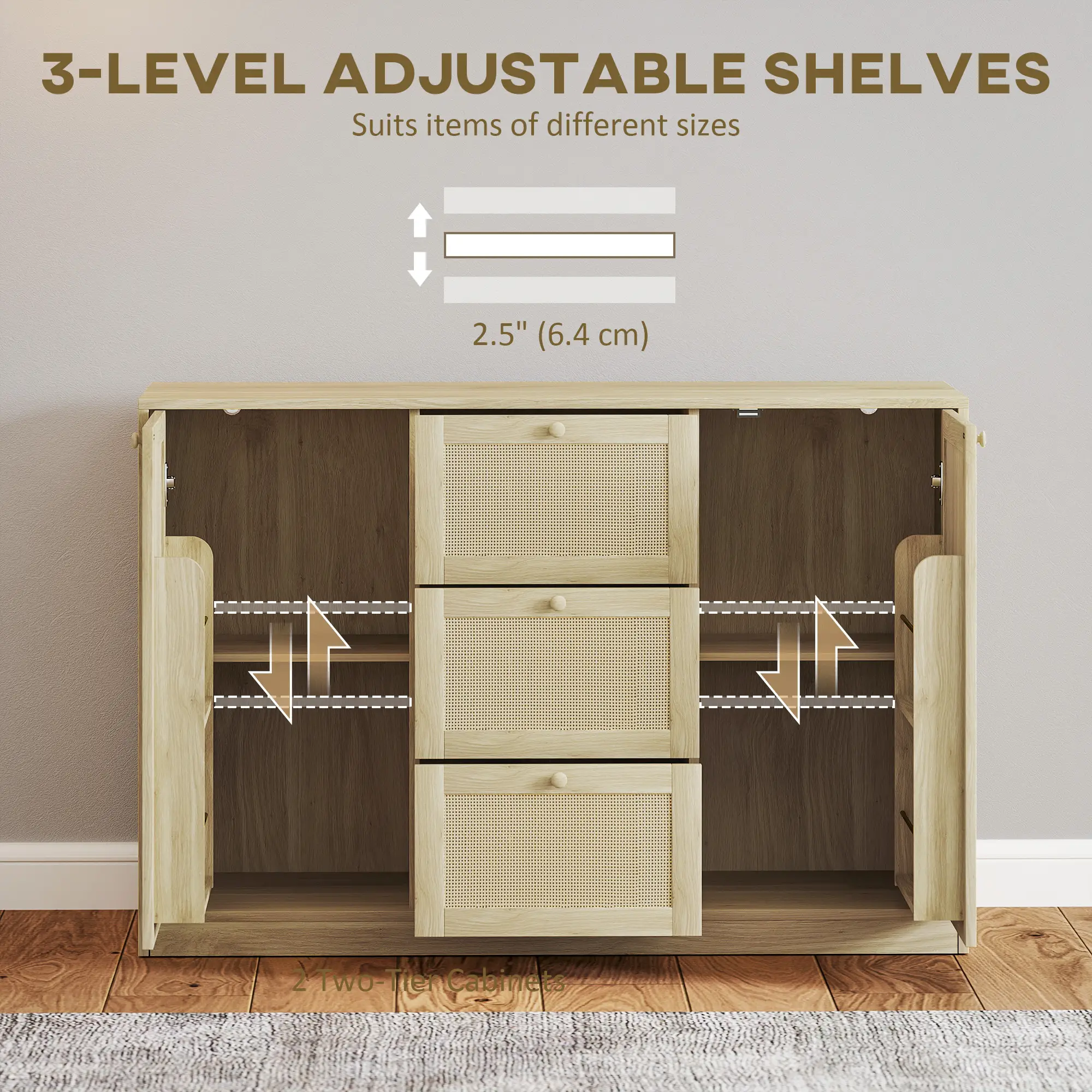 Boho Sideboard Buffet Cabinet, Kitchen Coffee Bar, 3 Drawers, 2 Shelves, 4 Racks, Natural - Image 6