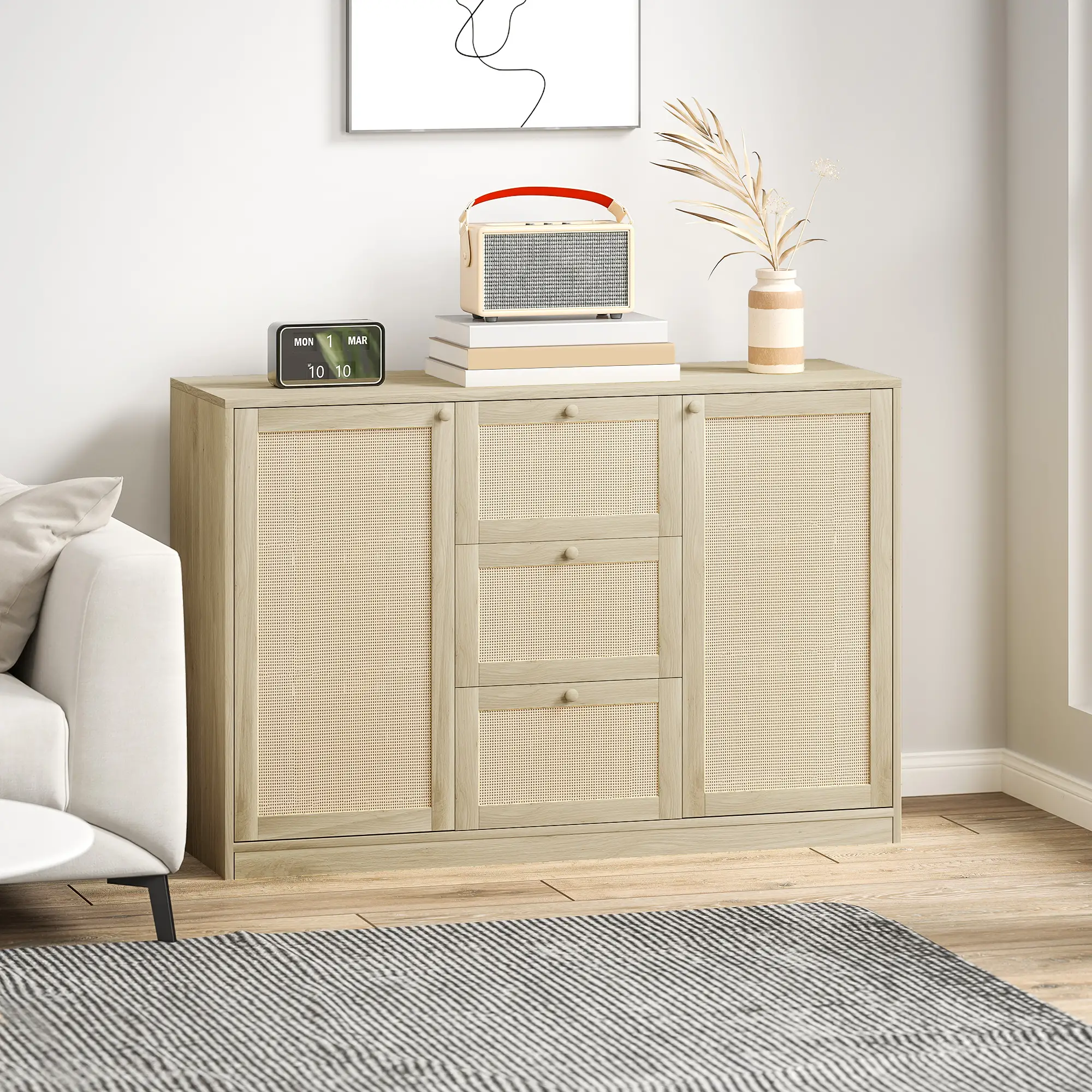 Boho Sideboard Buffet Cabinet, Kitchen Coffee Bar, 3 Drawers, 2 Shelves, 4 Racks, Natural - Image 9