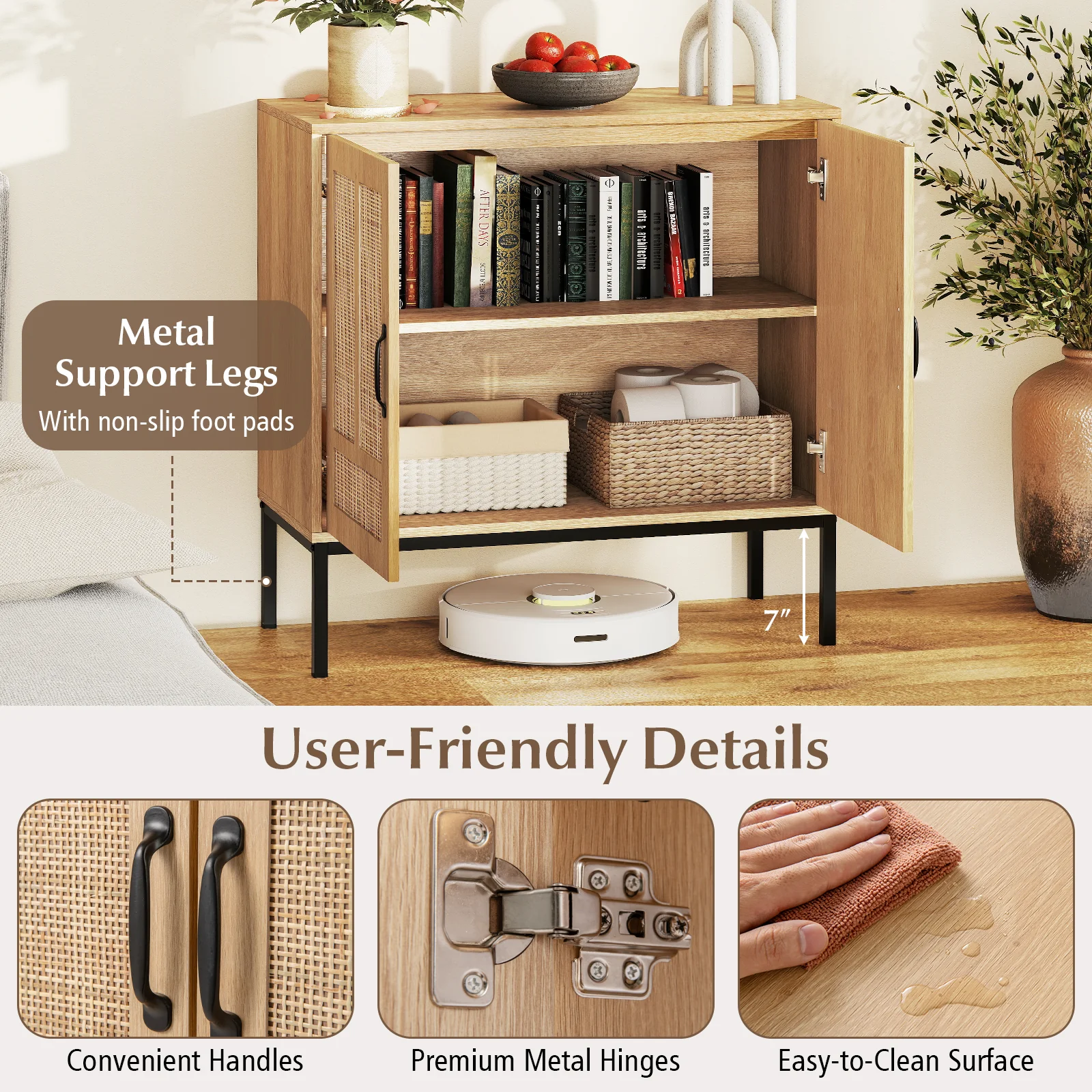 Boho Storage Cabinet, Asymmetrical Pattern Doors, Kitchen, Natural - Image 10