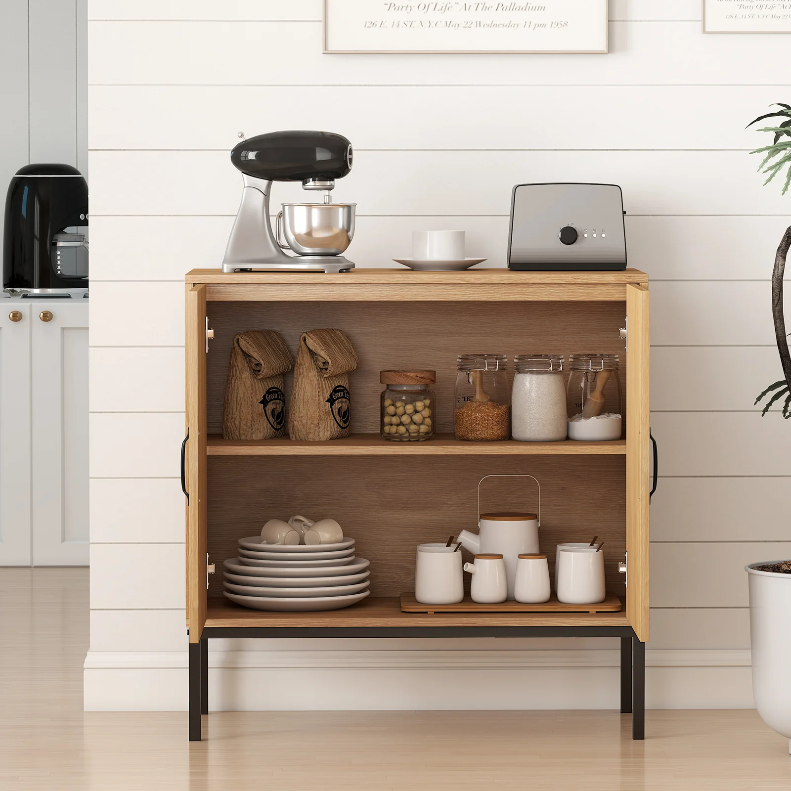 Boho Storage Cabinet, Asymmetrical Pattern Doors, Kitchen, Natural - Image 3
