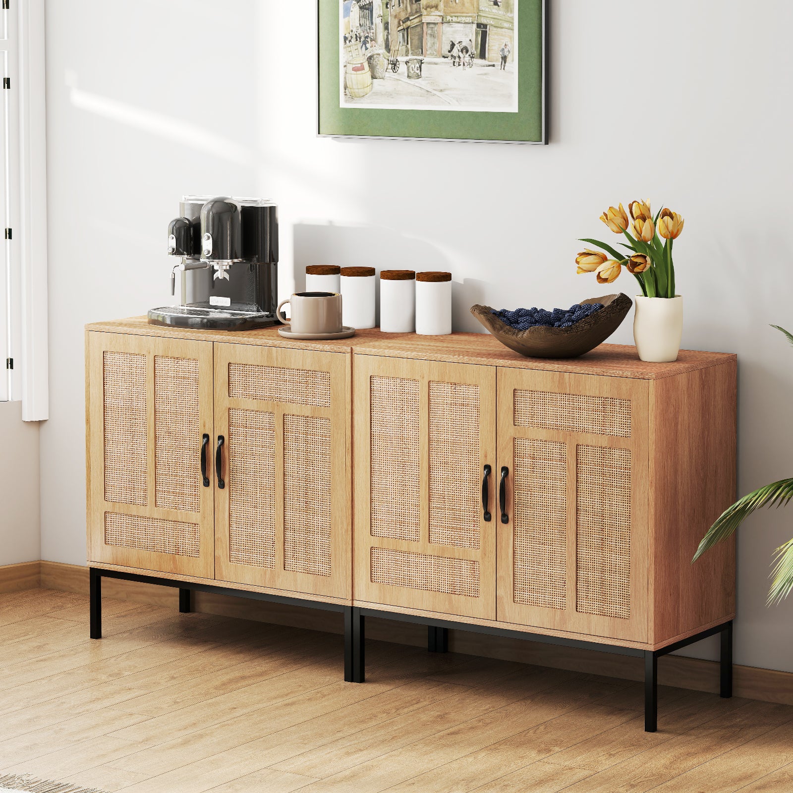 Boho Storage Cabinet, Asymmetrical Pattern Doors, Kitchen, Natural - Image 7