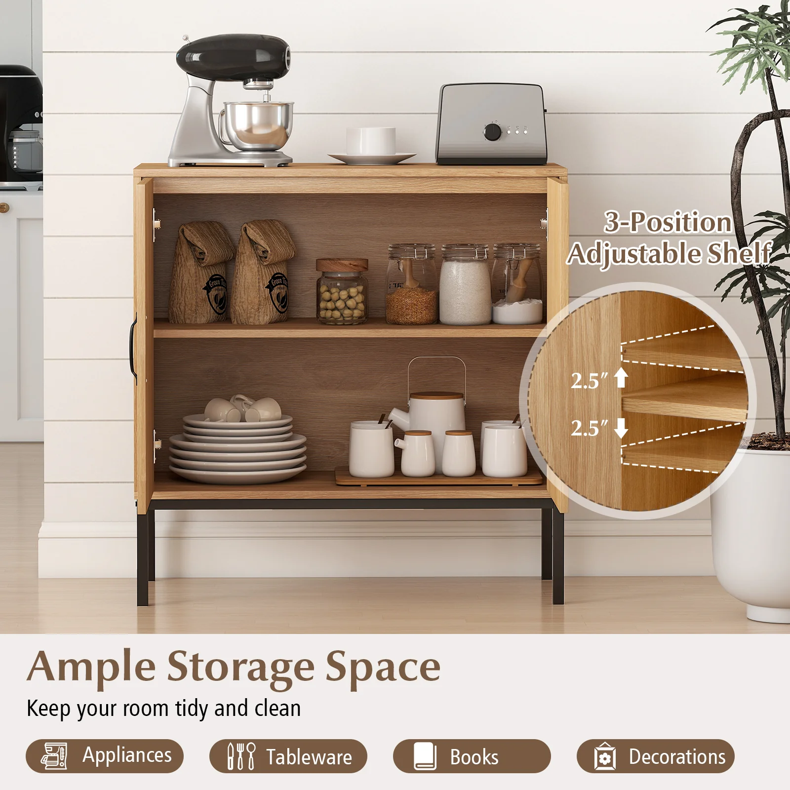 Boho Storage Cabinet, Asymmetrical Pattern Doors, Kitchen, Natural - Image 8