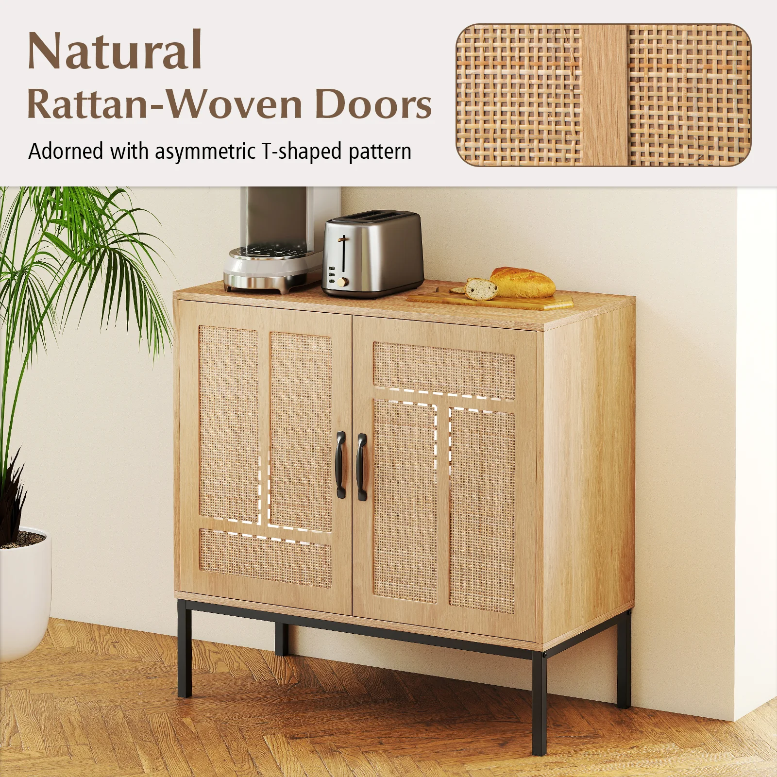 Boho Storage Cabinet, Asymmetrical Pattern Doors, Kitchen, Natural - Image 9