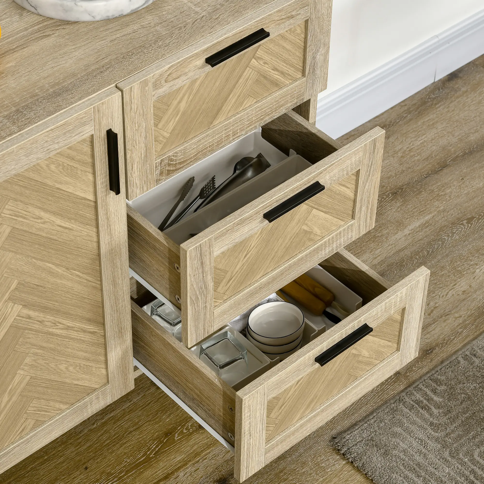 Buffet Cabinet, Coffee Bar with Drawers, Adjustable Shelves, Oak - Image 11