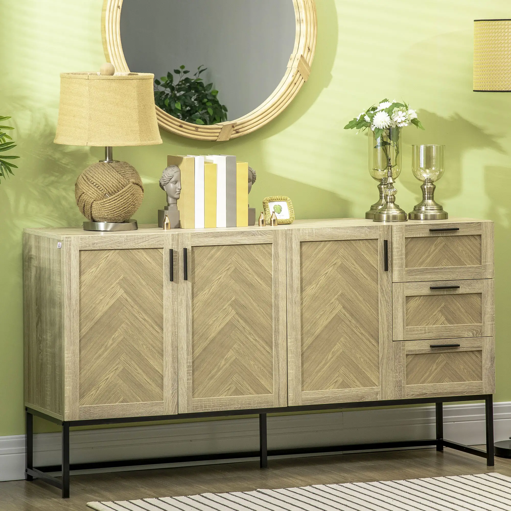 Buffet Cabinet, Coffee Bar with Drawers, Adjustable Shelves, Oak - Image 8