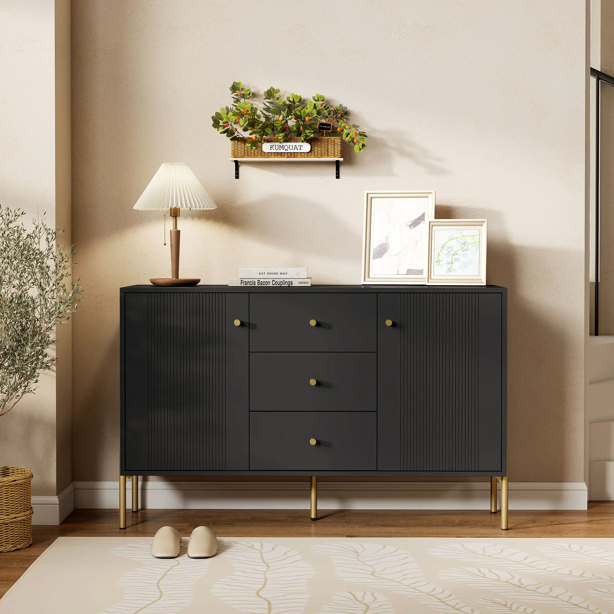 Buffet Cabinet, Modern Sideboard with 3 Drawers and 2 Shelves, Black - Image 10