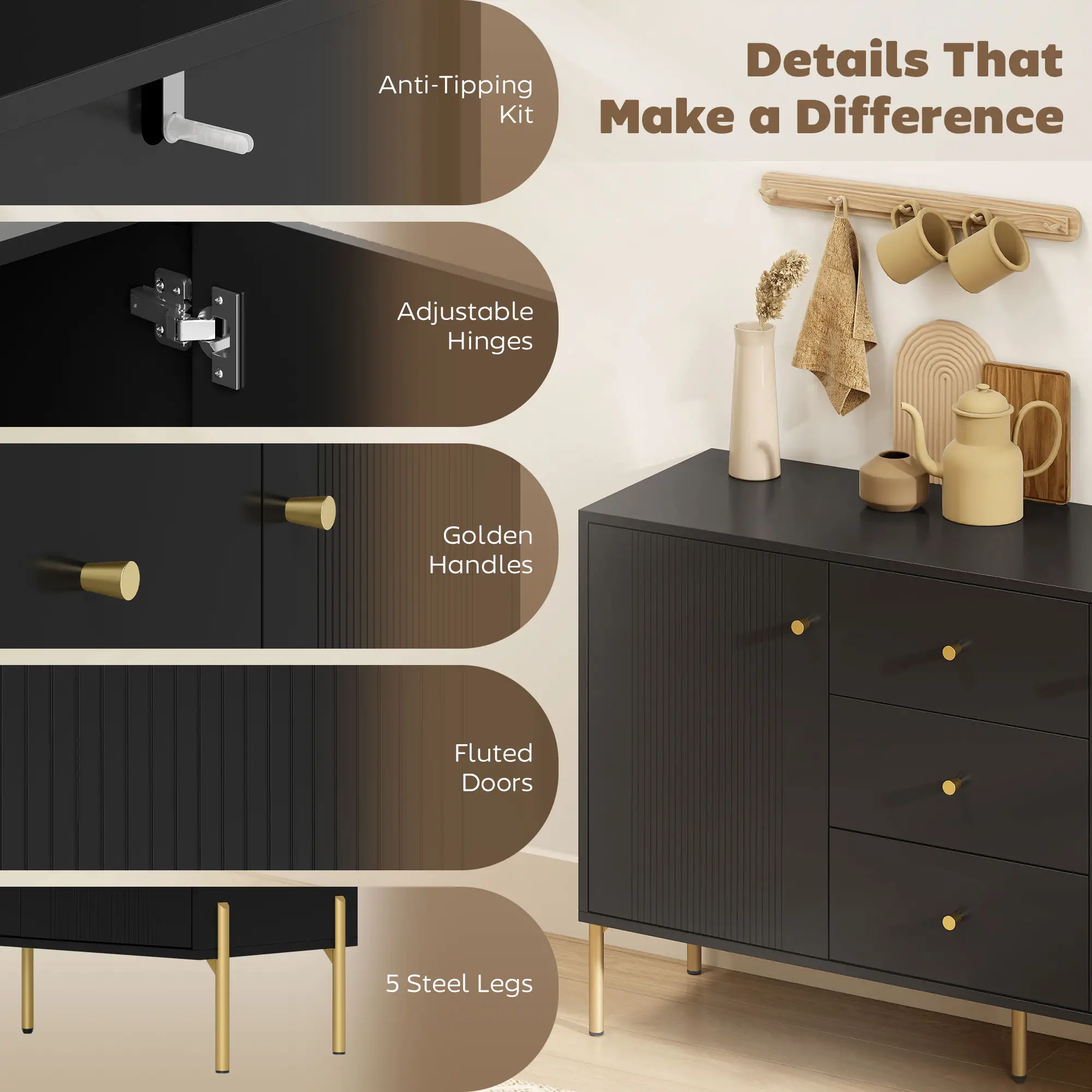 Buffet Cabinet, Modern Sideboard with 3 Drawers and 2 Shelves, Black - Image 6