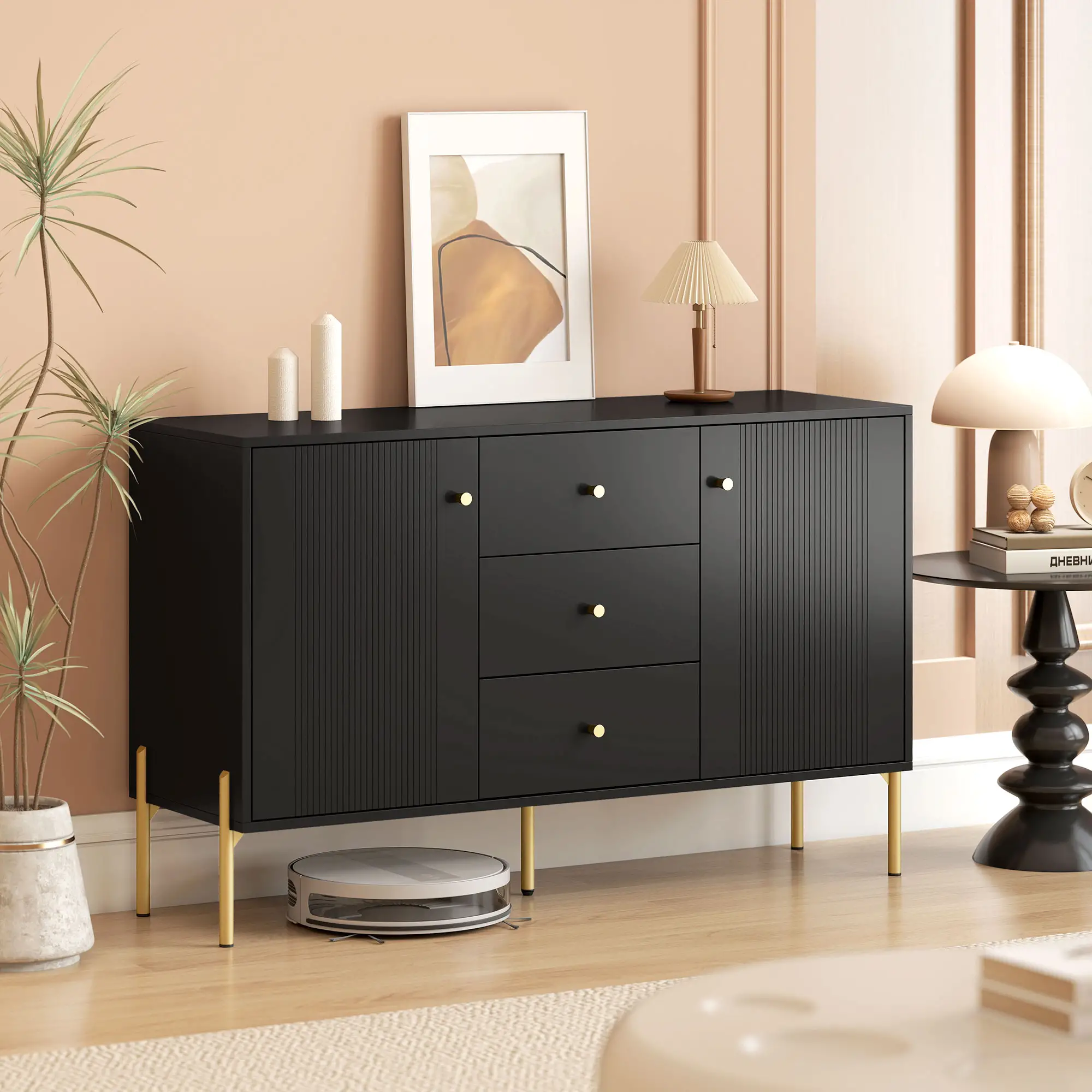 Buffet Cabinet, Modern Sideboard with 3 Drawers and 2 Shelves, Black - Image 8