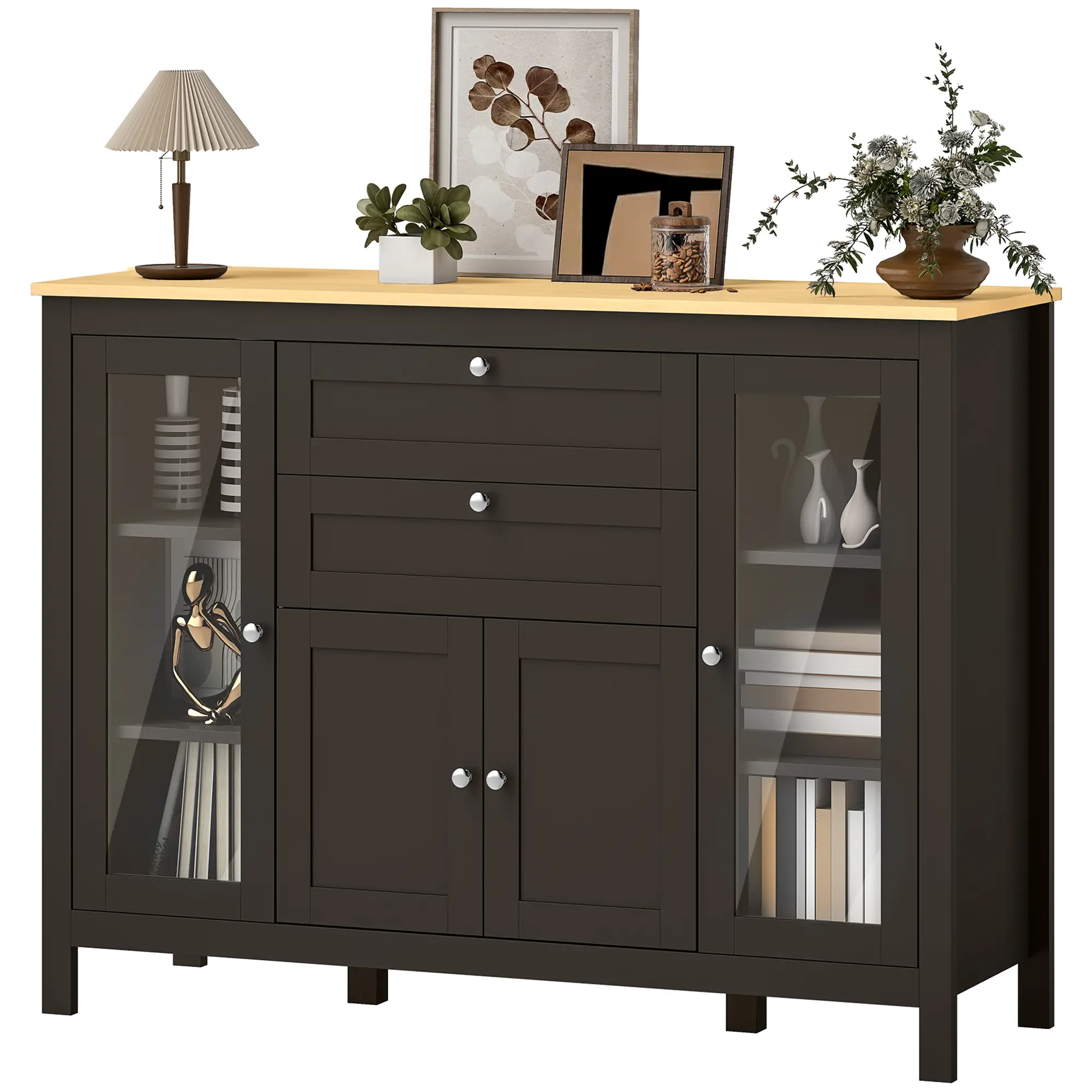 Buffet Cabinet Sideboard, 2 Drawers, 3 Storage Cabinets, Glass Doors, Dark Brown