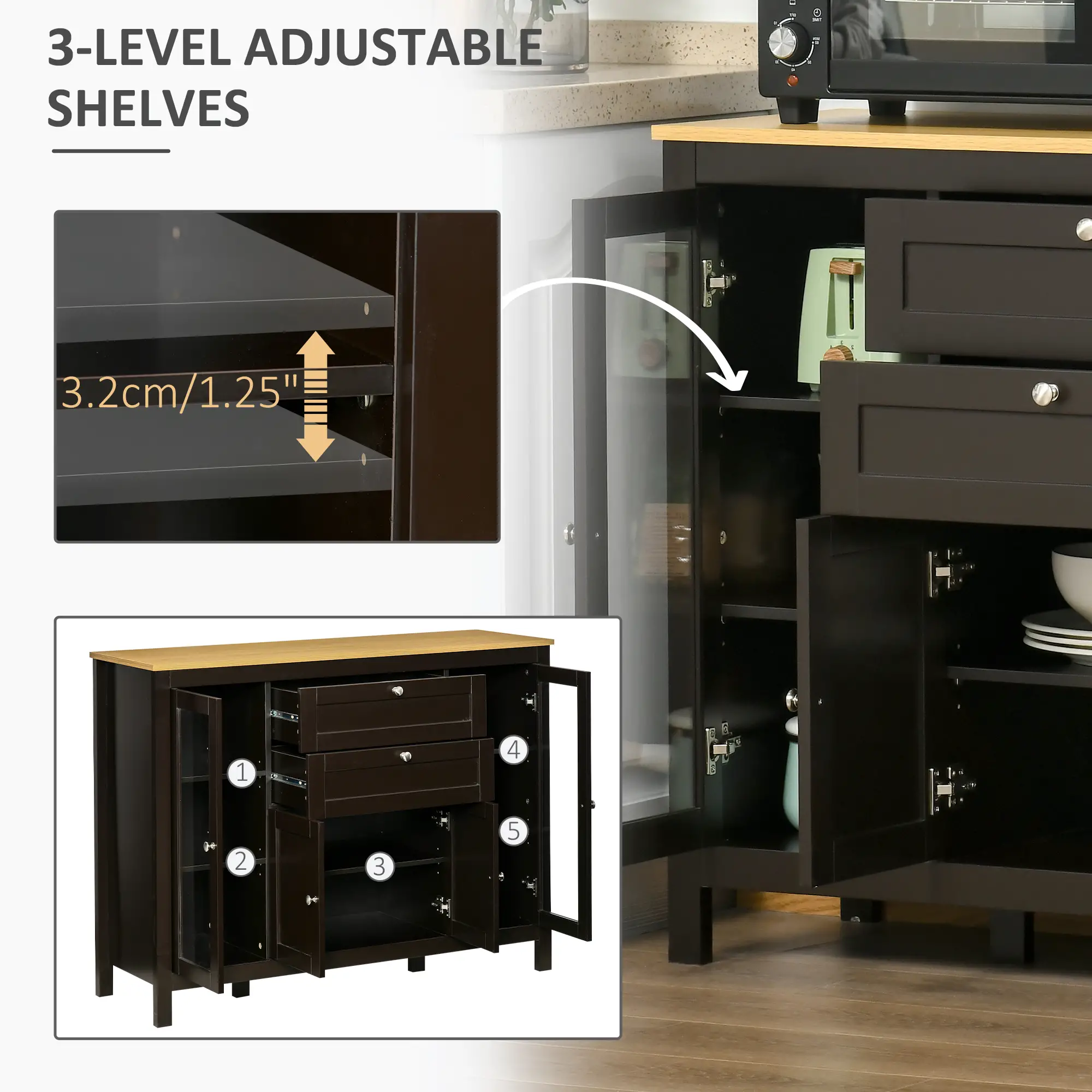 Buffet Cabinet Sideboard, 2 Drawers, 3 Storage Cabinets, Glass Doors, Dark Brown - Image 5