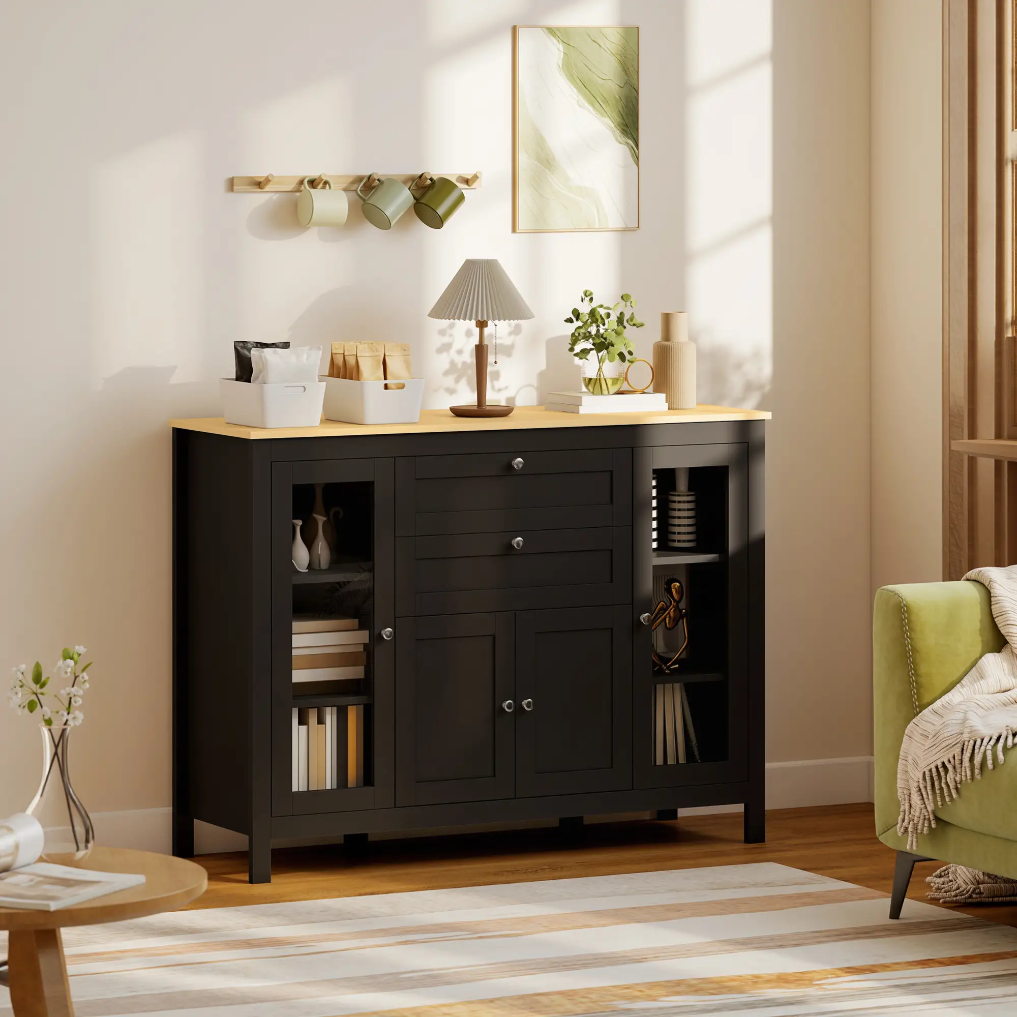 Buffet Cabinet Sideboard, 2 Drawers, 3 Storage Cabinets, Glass Doors, Dark Brown - Image 8