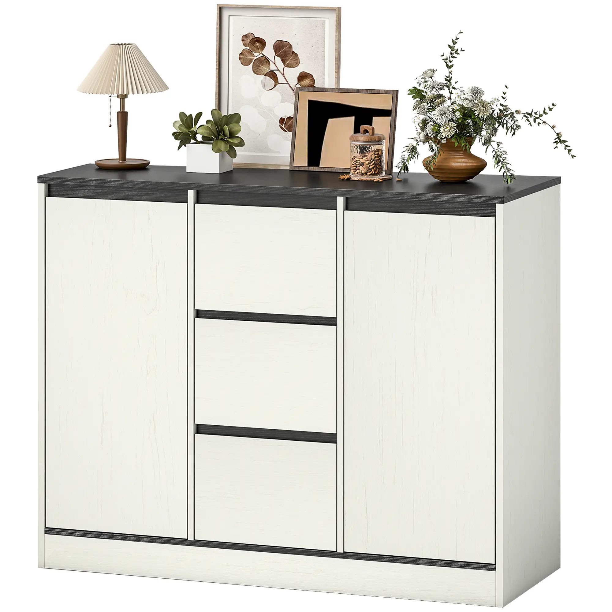 Buffet Cabinet, Soft Close Hinges, 3 Drawers, 2 Shelves, White Wood Grain
