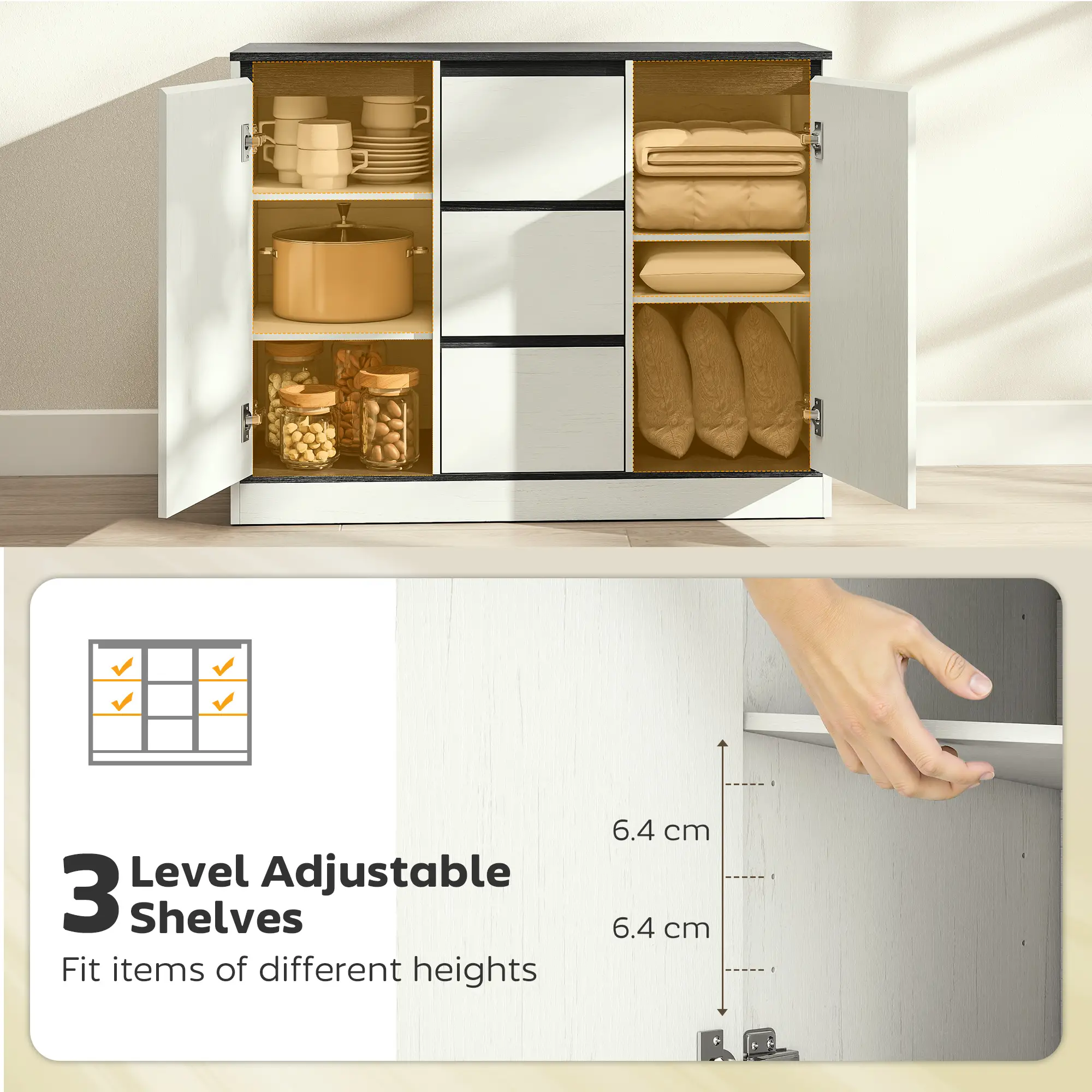 Buffet Cabinet, Soft Close Hinges, 3 Drawers, 2 Shelves, White Wood Grain - Image 5