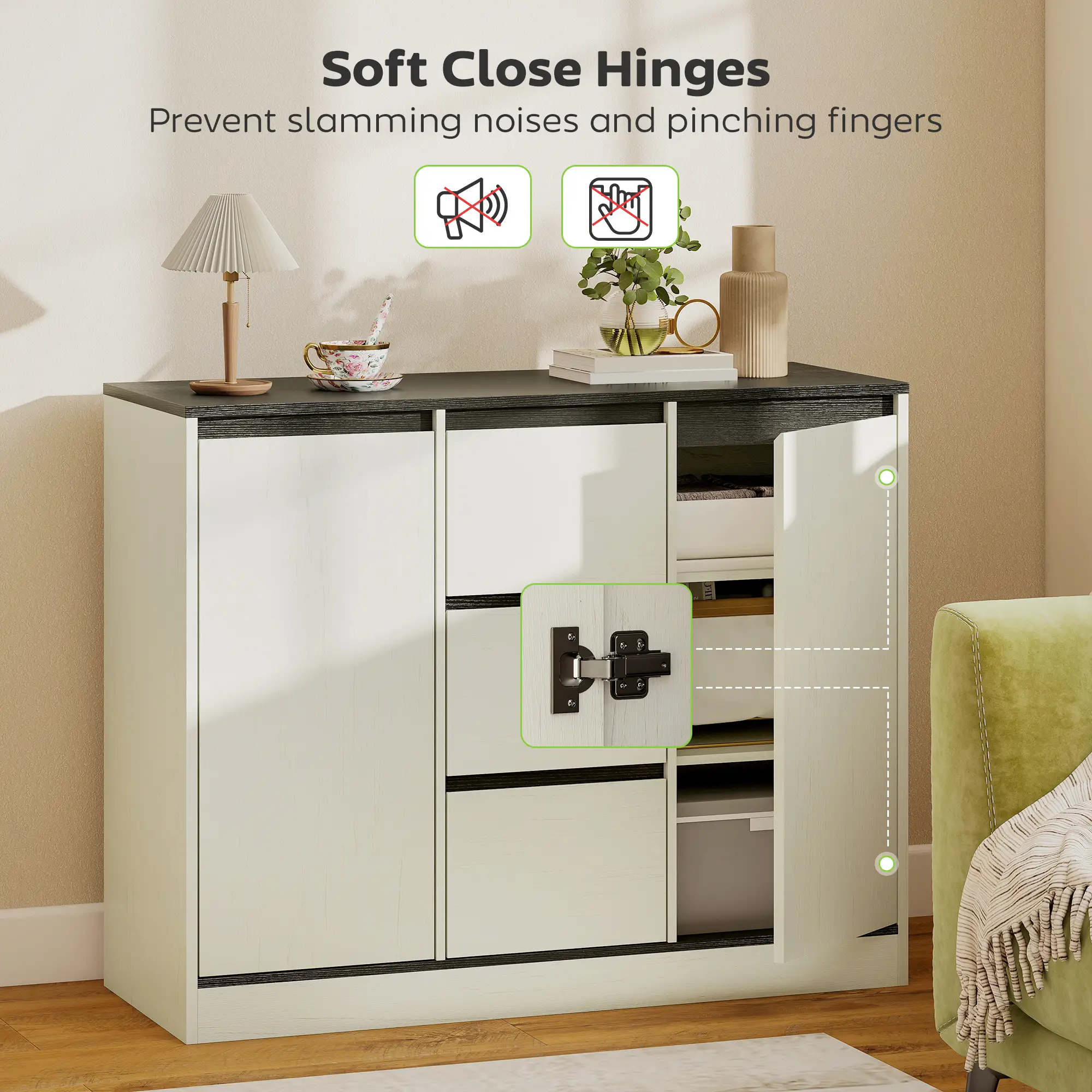 Buffet Cabinet, Soft Close Hinges, 3 Drawers, 2 Shelves, White Wood Grain - Image 6