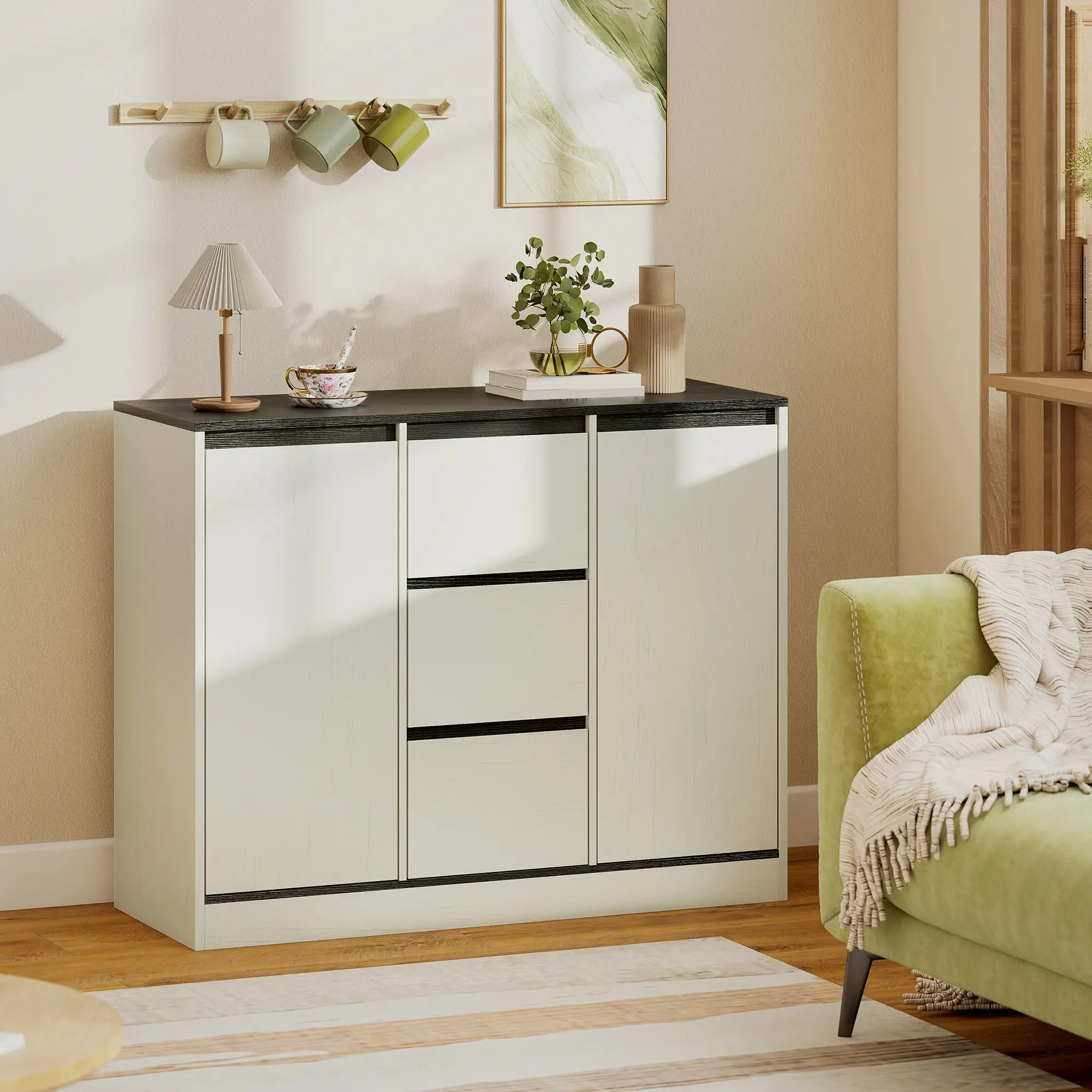 Buffet Cabinet, Soft Close Hinges, 3 Drawers, 2 Shelves, White Wood Grain - Image 8