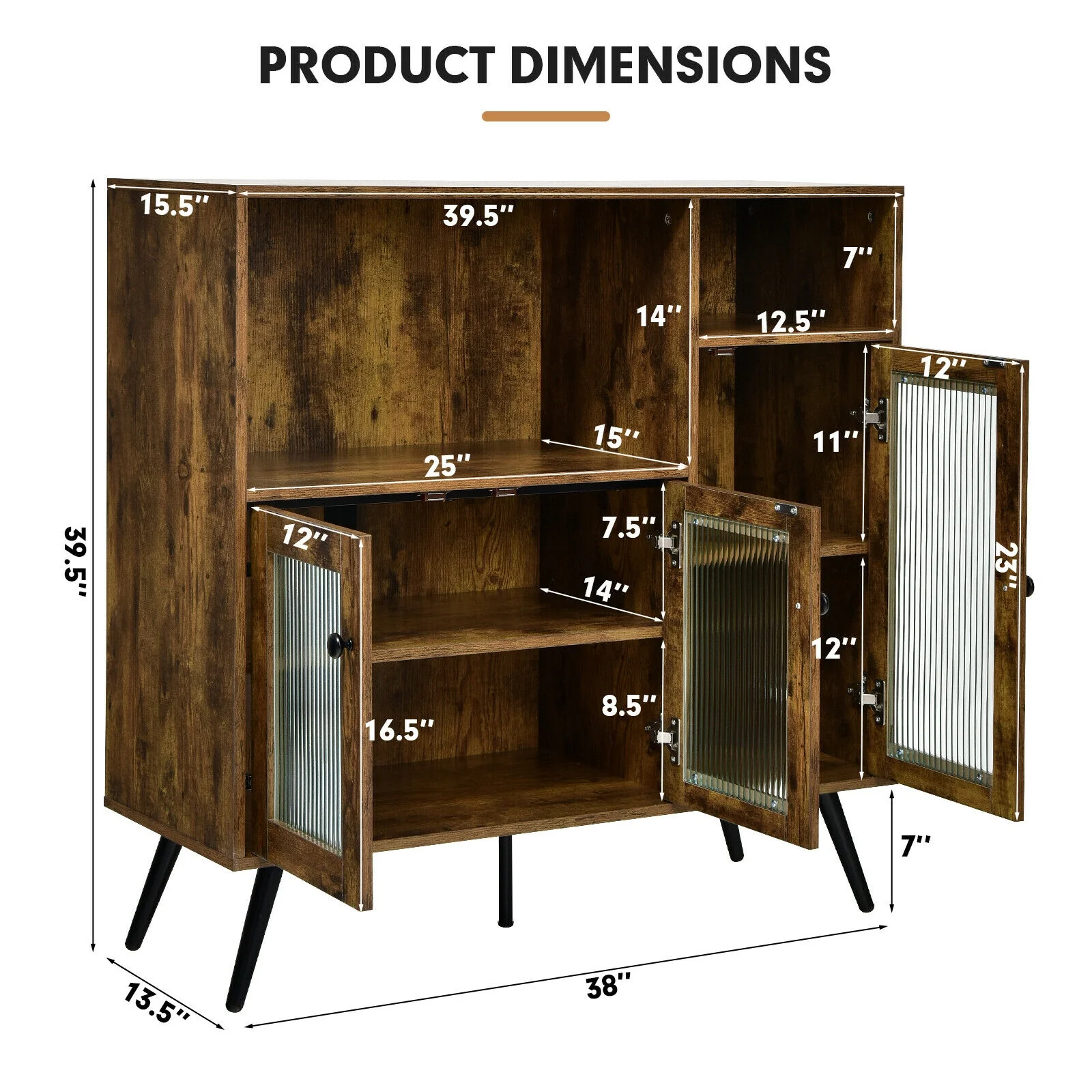 Buffet Kitchen Storage Cupboard, Glass Door, Adjustable Shelves, Rustic Brown - Image 5