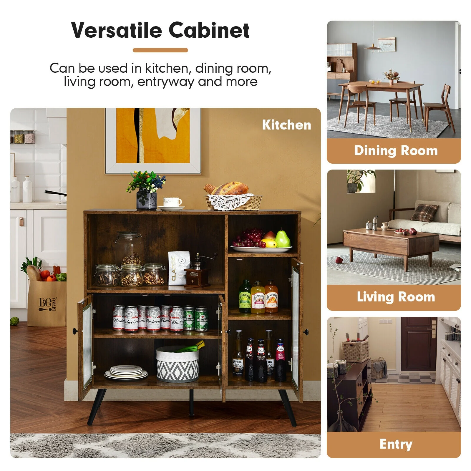 Buffet Kitchen Storage Cupboard, Glass Door, Adjustable Shelves, Rustic Brown - Image 6