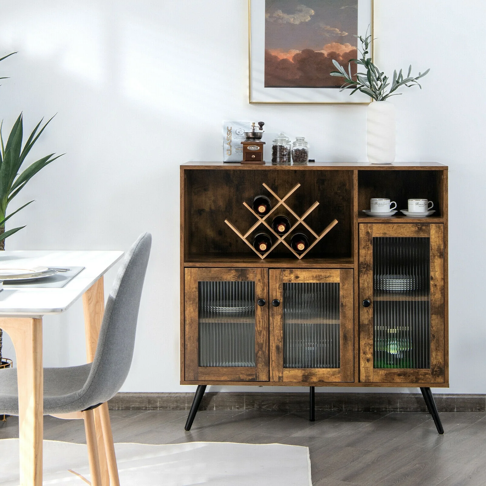Buffet Kitchen Storage Cupboard, Glass Door, Adjustable Shelves, Rustic Brown - Image 7