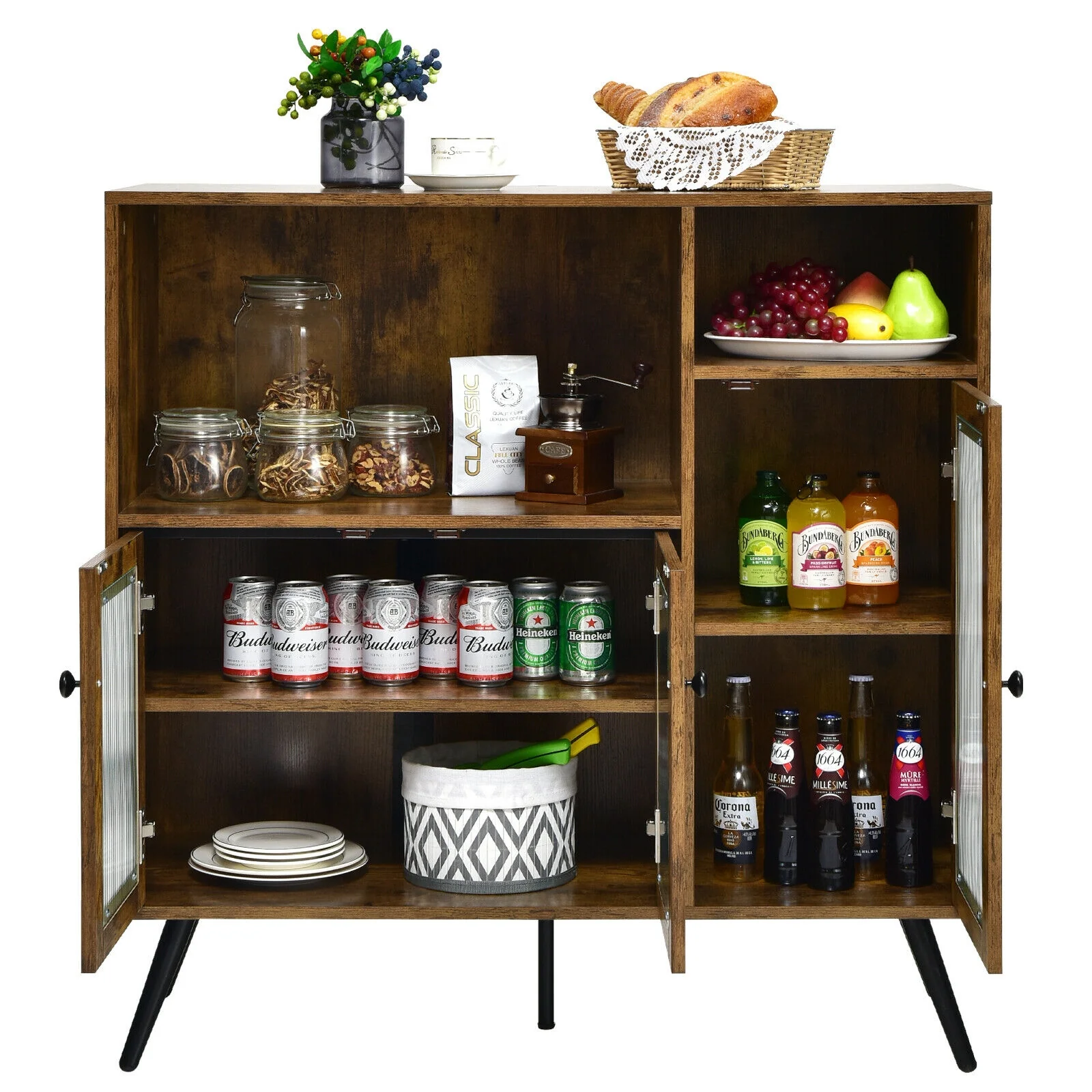 Buffet Kitchen Storage Cupboard, Glass Door, Adjustable Shelves, Rustic Brown - Image 9