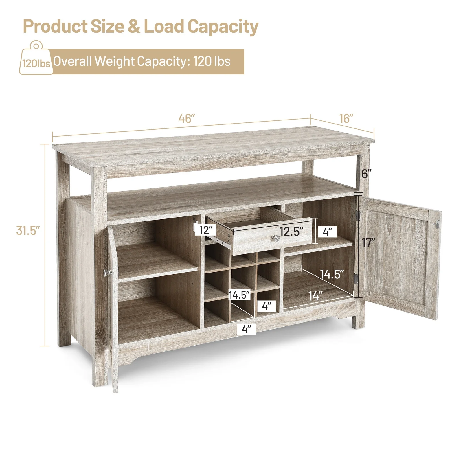 Buffet Server Sideboard Wine Cabinet Console, Gray - Image 5