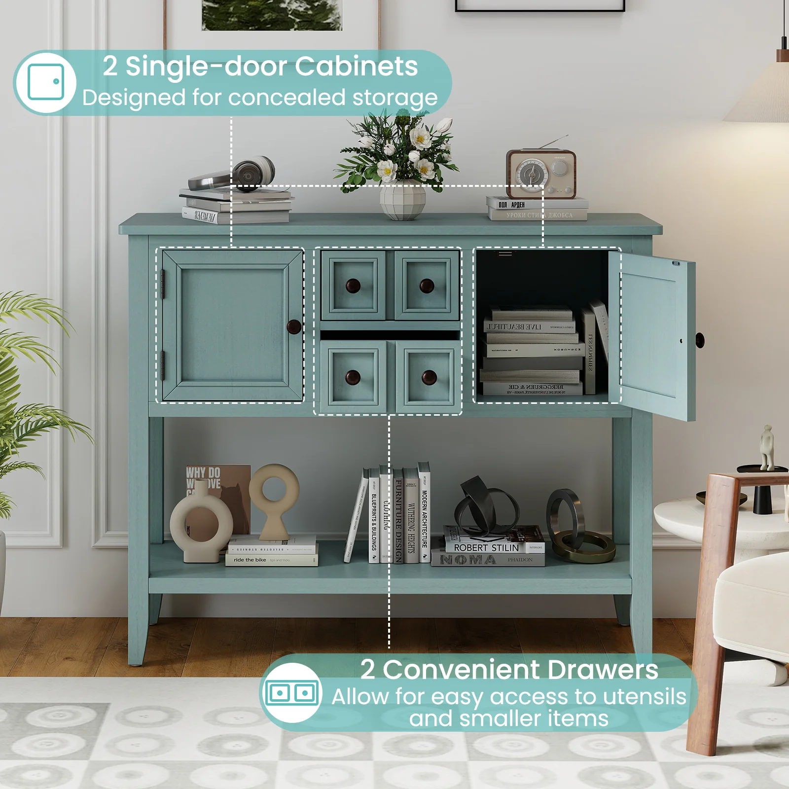 Buffet Sideboard Cabinet, 2 Doors, 2 Drawers, Blue - Image 9