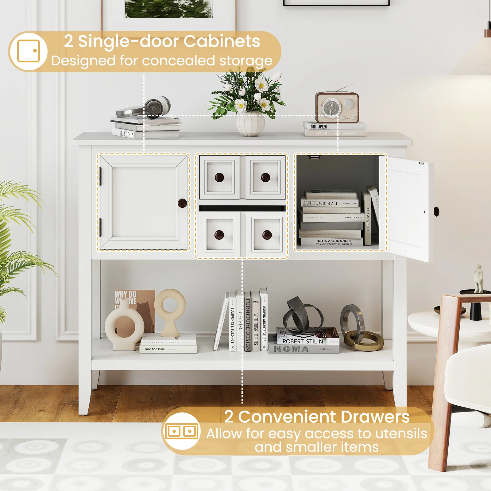 Buffet Sideboard Cabinet, 2 Doors, 2 Drawers, White - Image 9